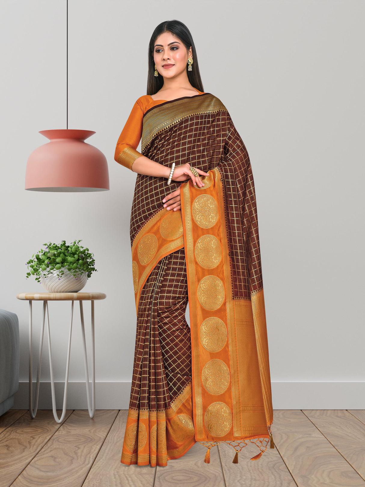 Mimosa Womens Art Silk Saree Kanjivaram Chocolate Color