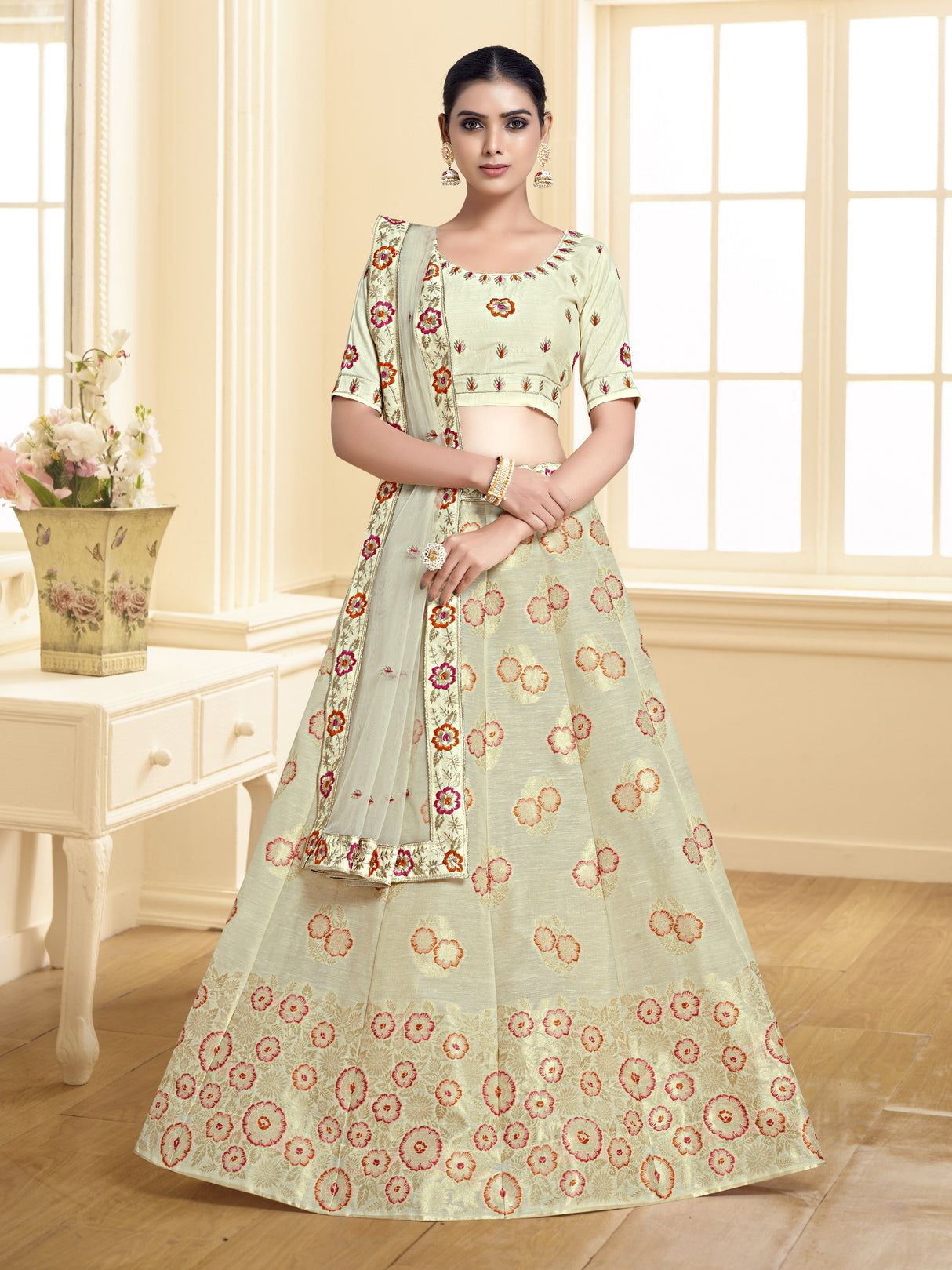 MIMOSA Women's Art Silk Semi-Stitched Lehenga with Unstitched Blouse and Dupatta