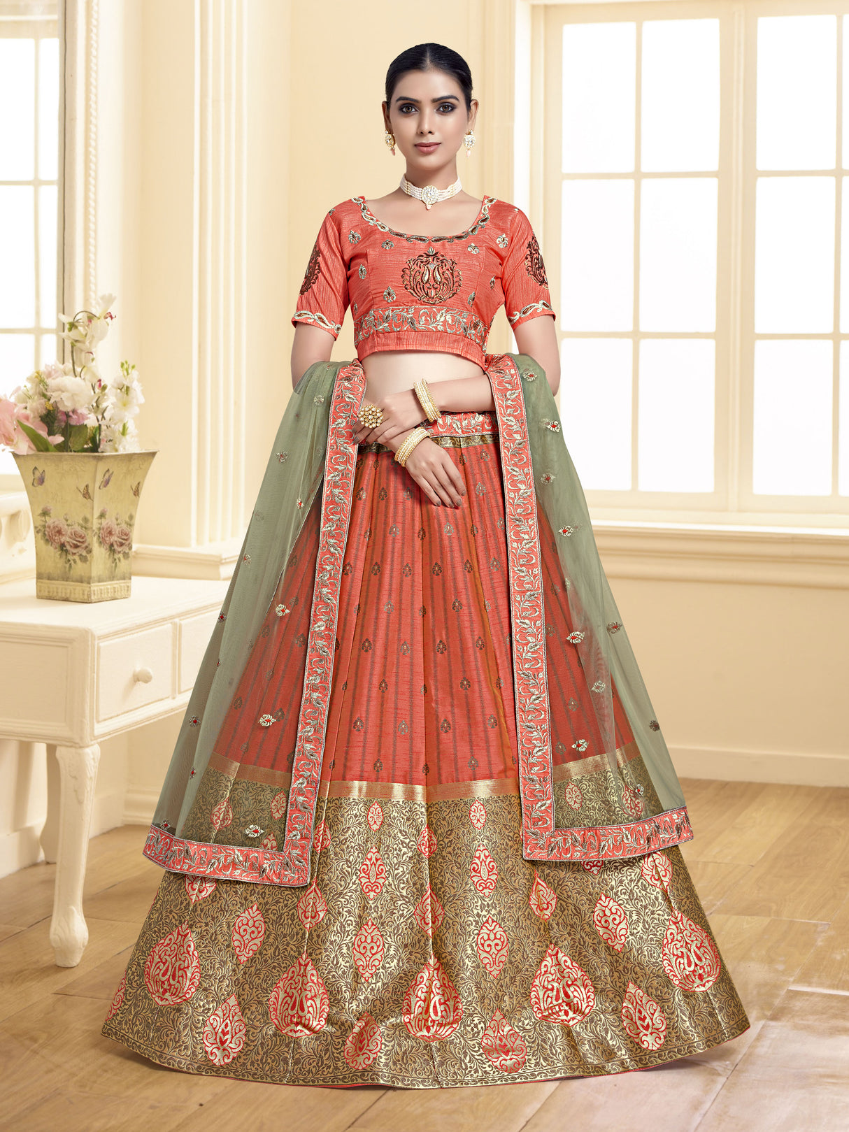 MIMOSA Women's Art Silk Semi-Stitched Lehenga with Unstitched Blouse and Dupatta