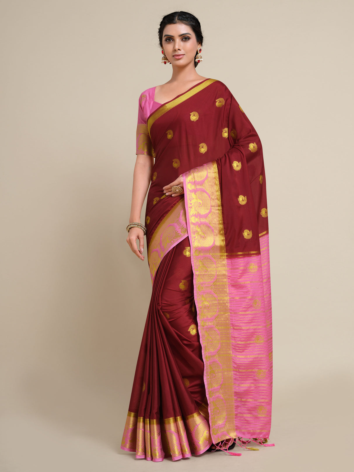 Mimosa Womens Crepe Saree Mysore Silk style Maroon Color