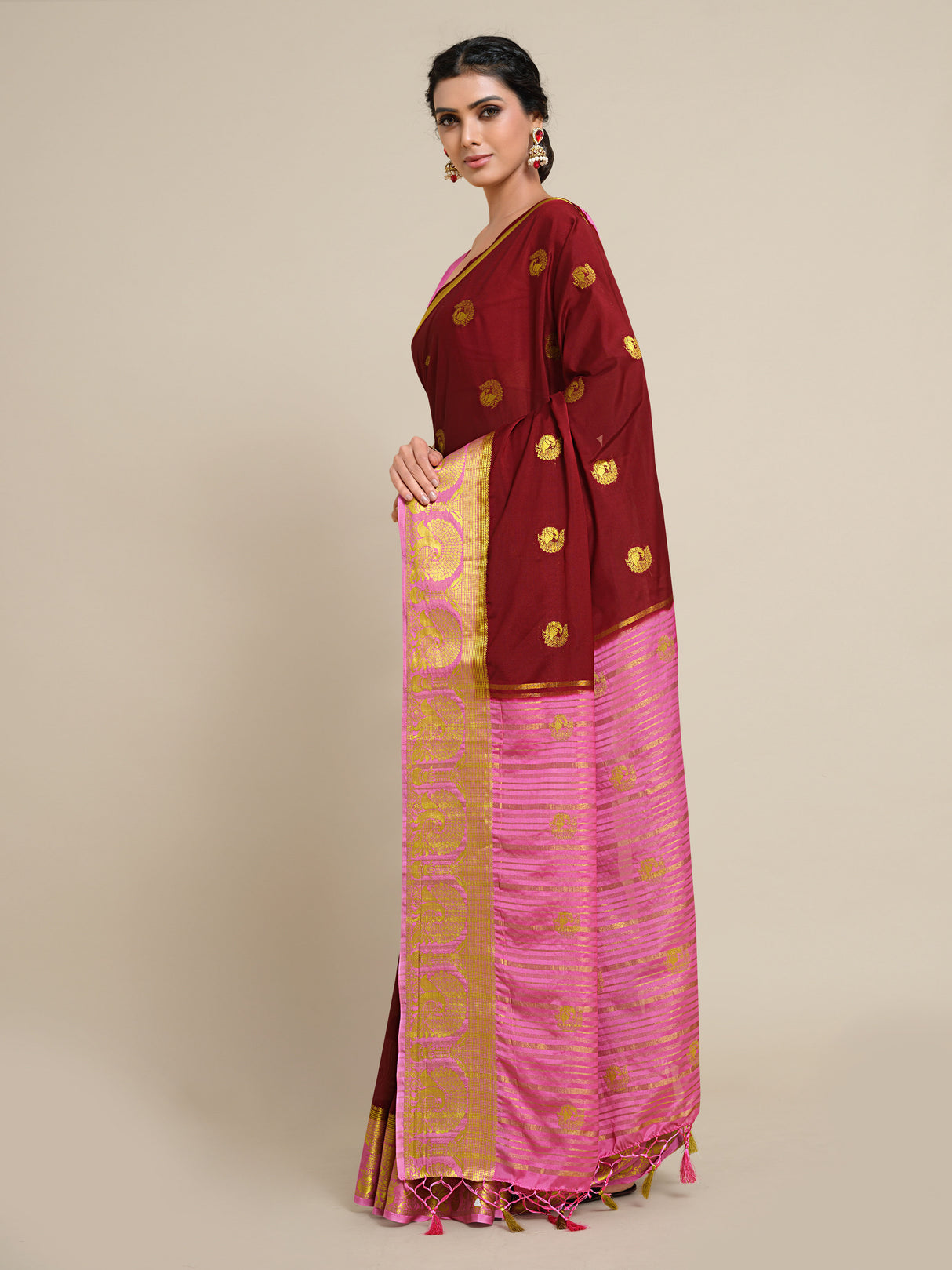 Mimosa Womens Crepe Saree Mysore Silk style Maroon Color