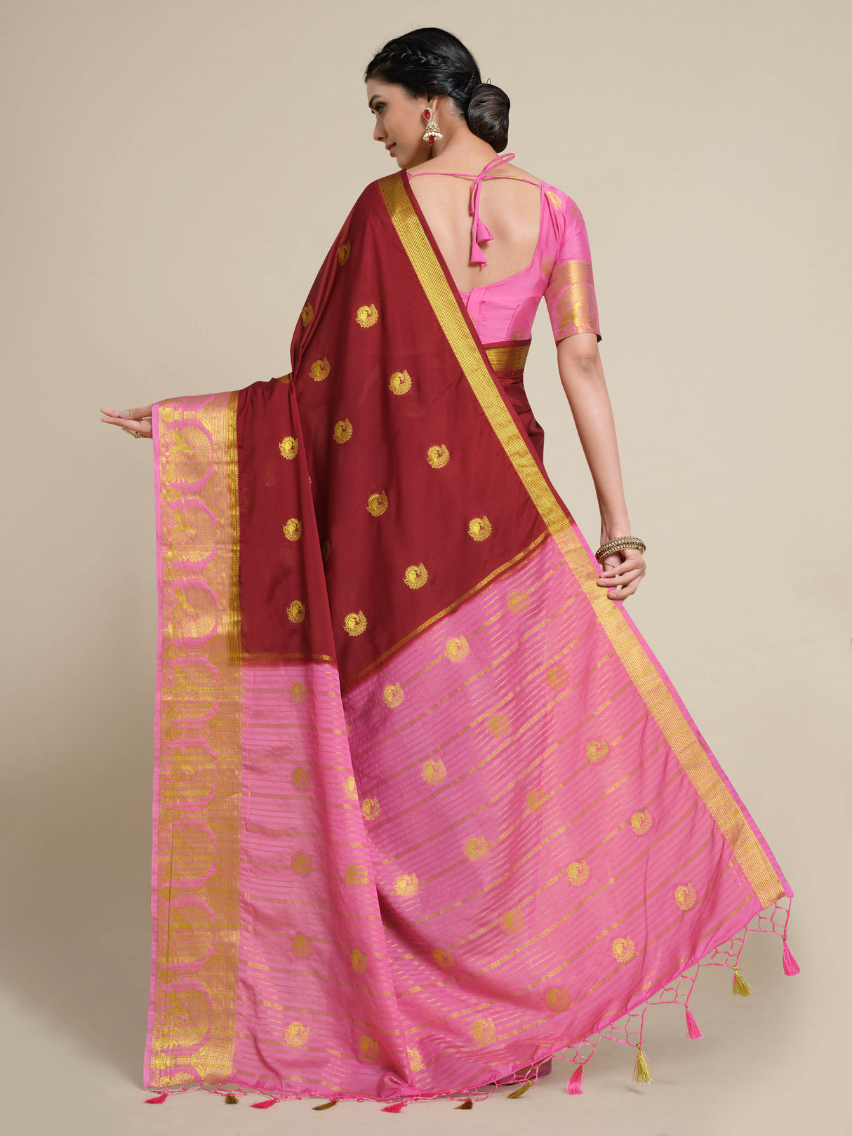Mimosa Womens Crepe Saree Mysore Silk style Maroon Color