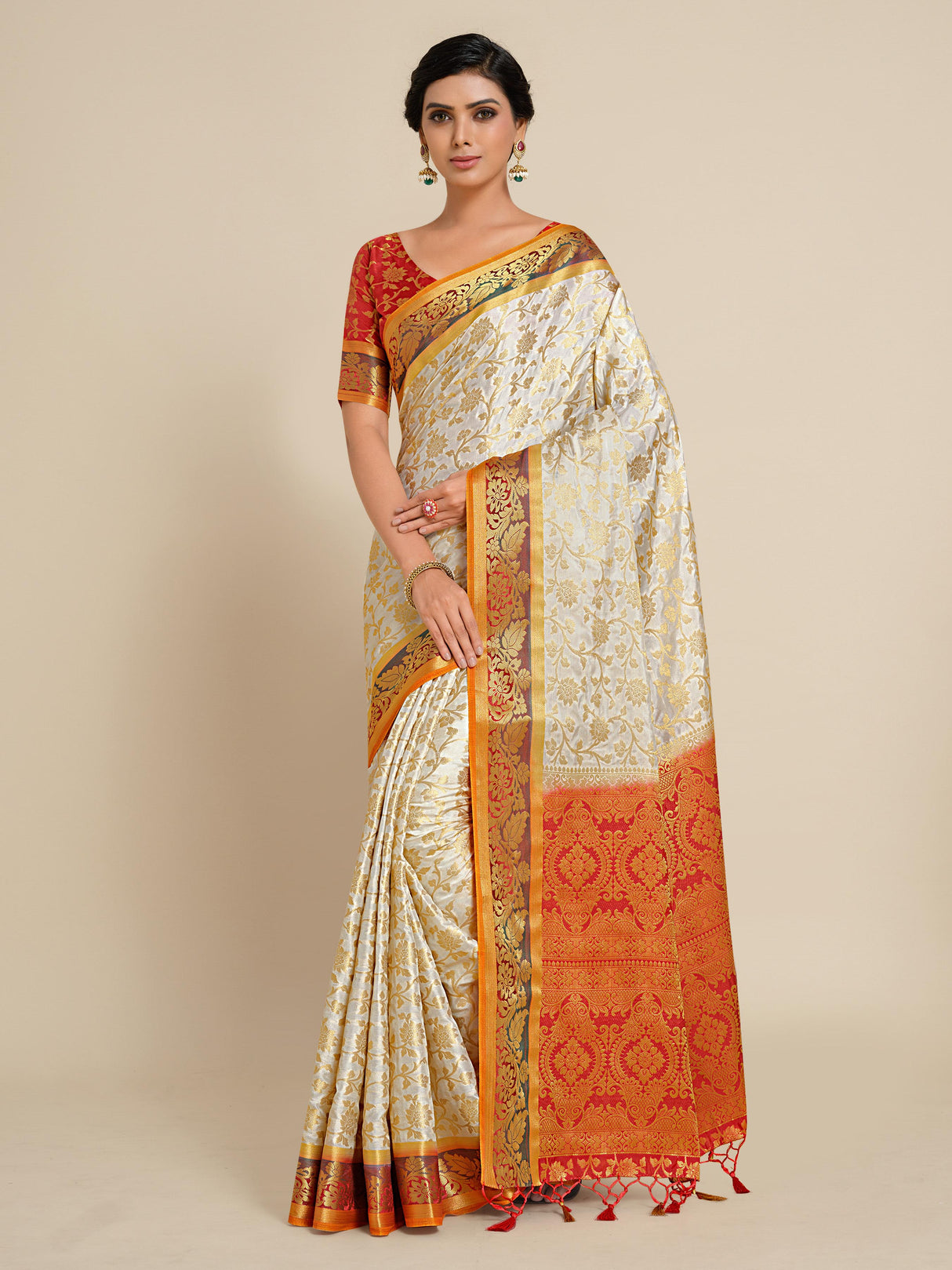 Mimosa Womens Art Silk Saree Kanjivaram Halfwhite Color
