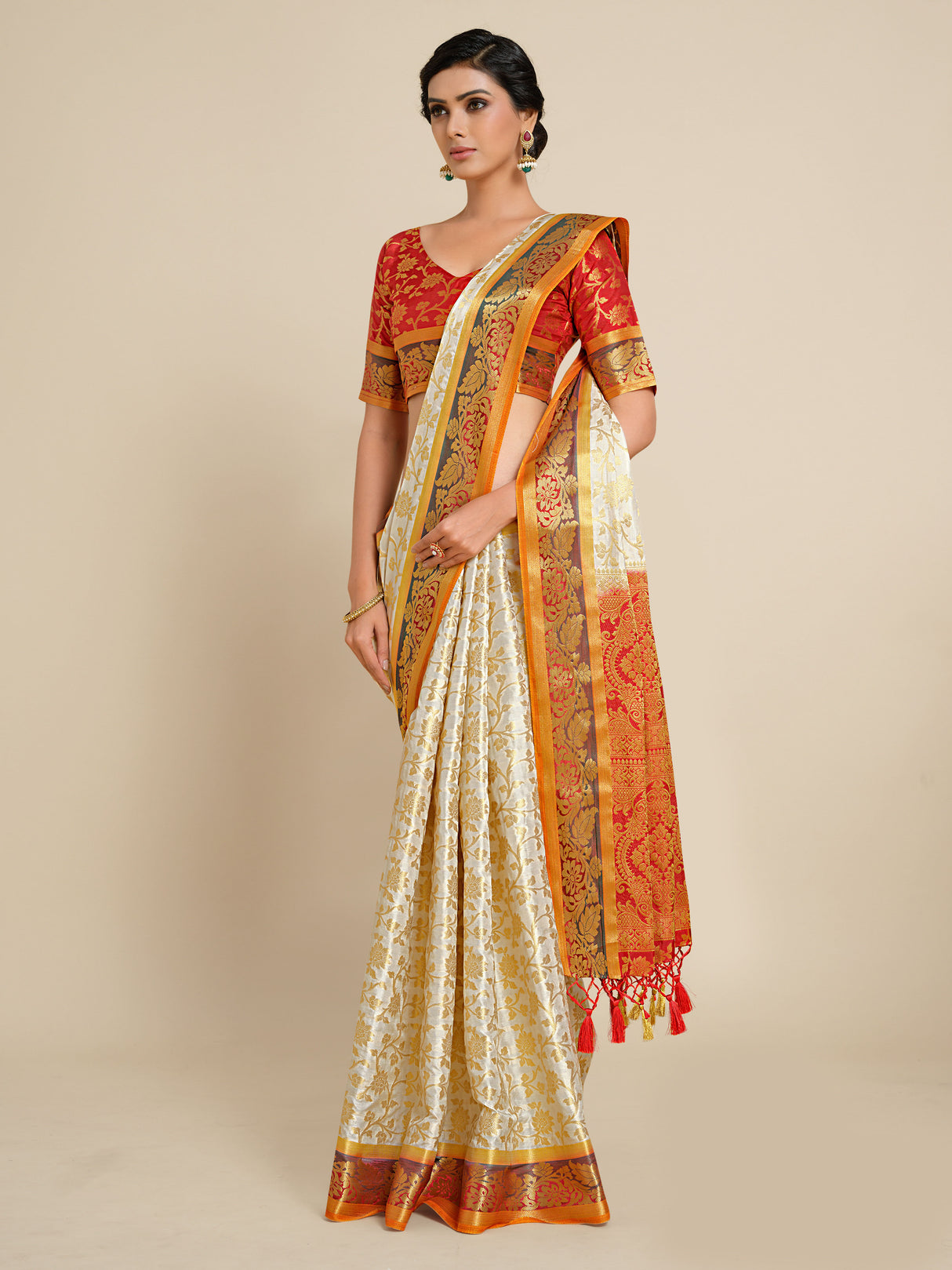 Mimosa Womens Art Silk Saree Kanjivaram Halfwhite Color