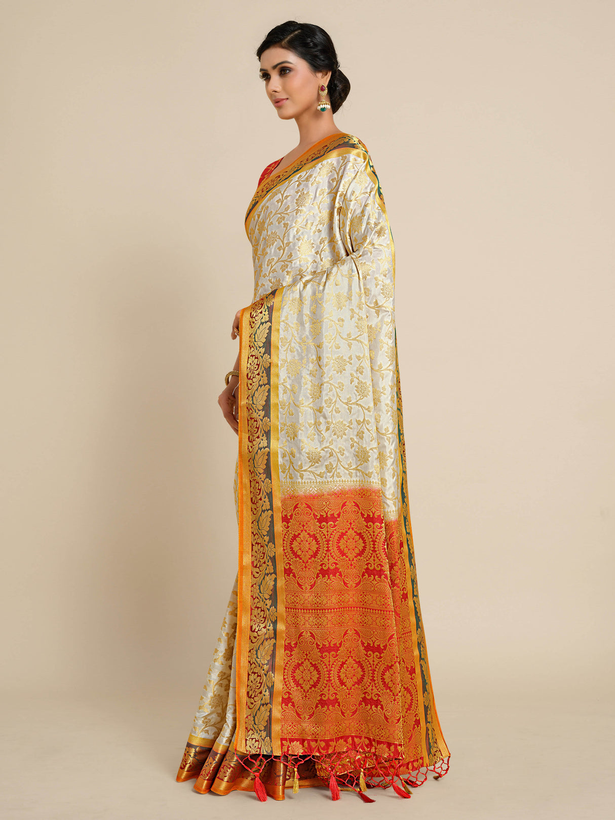 Mimosa Womens Art Silk Saree Kanjivaram Halfwhite Color