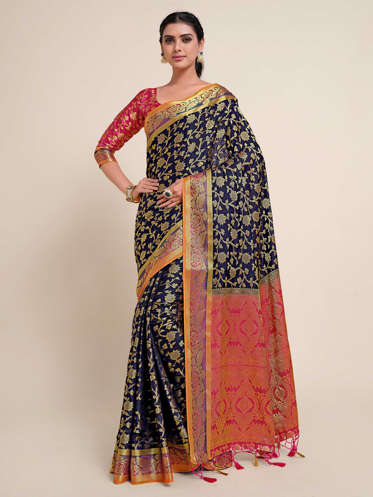 Mimosa Womens Art Silk Saree Kanjivaram Navy Blue Color
