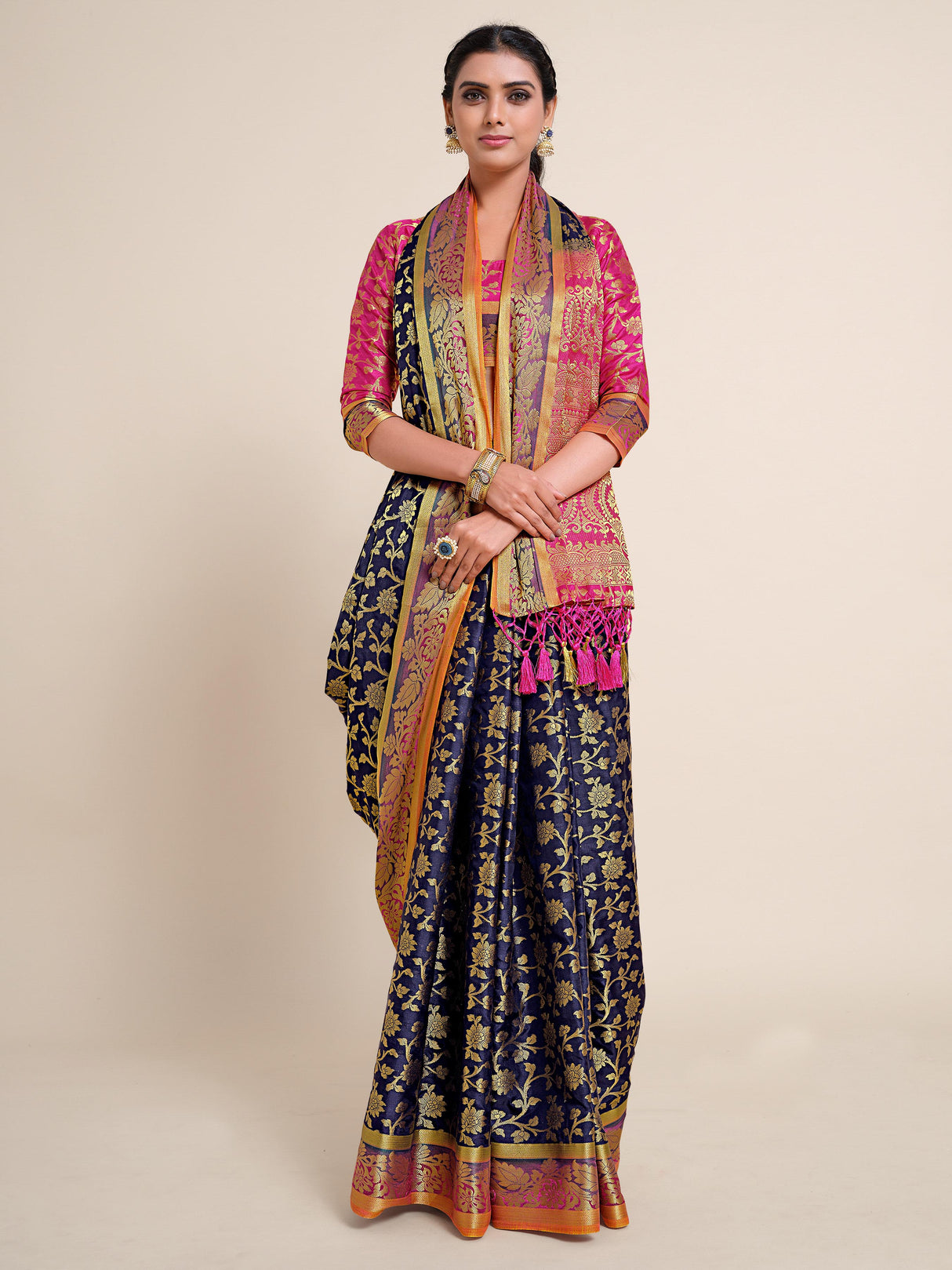 Mimosa Womens Art Silk Saree Kanjivaram Navy Blue Color