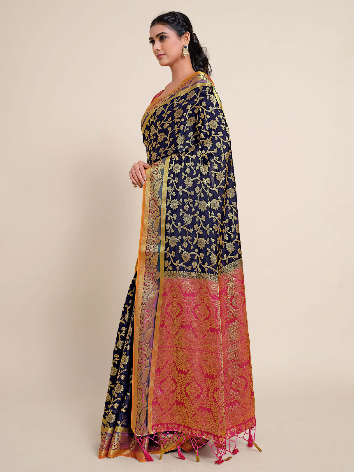 Mimosa Womens Art Silk Saree Kanjivaram Navy Blue Color