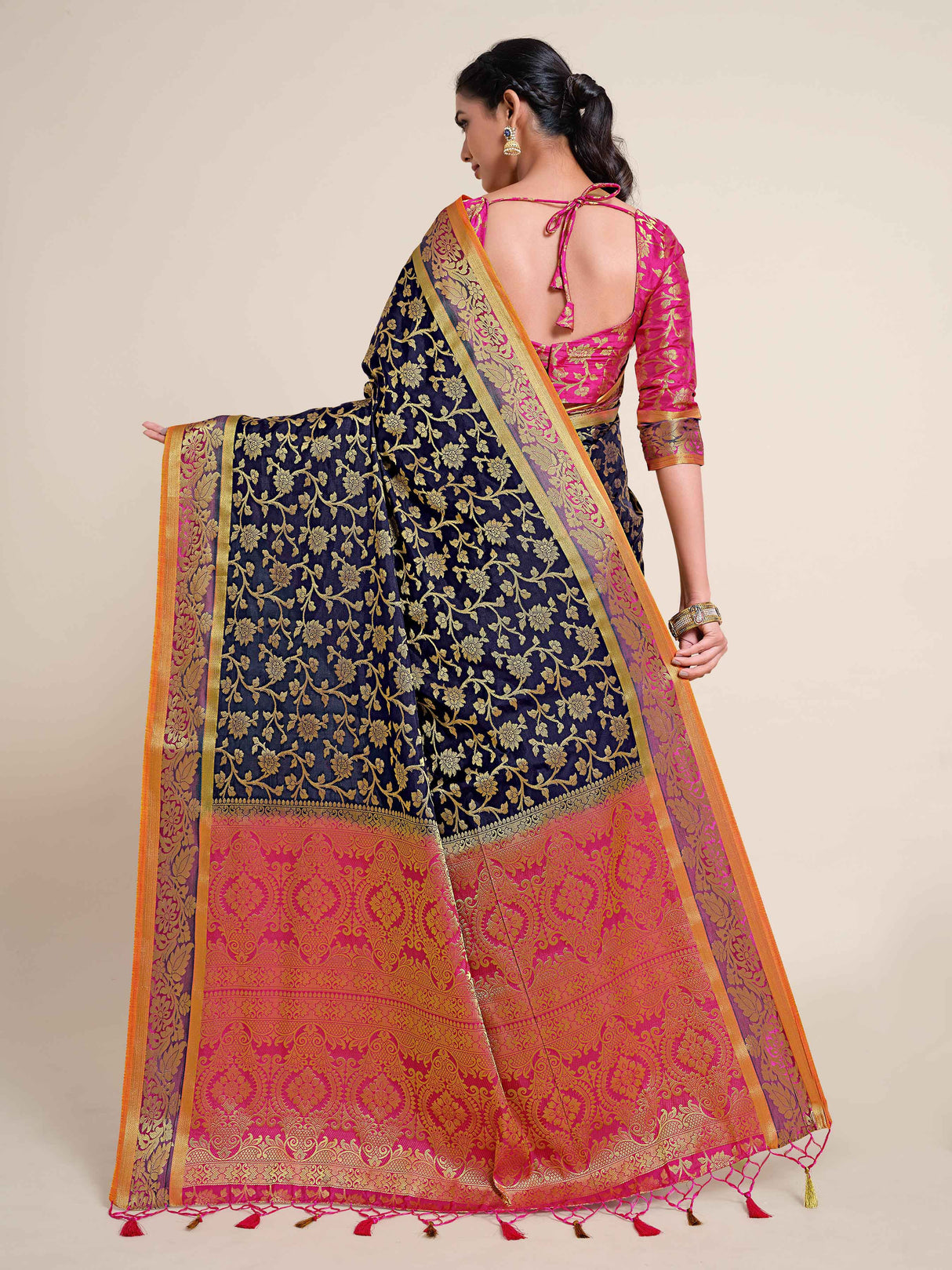 Mimosa Womens Art Silk Saree Kanjivaram Navy Blue Color