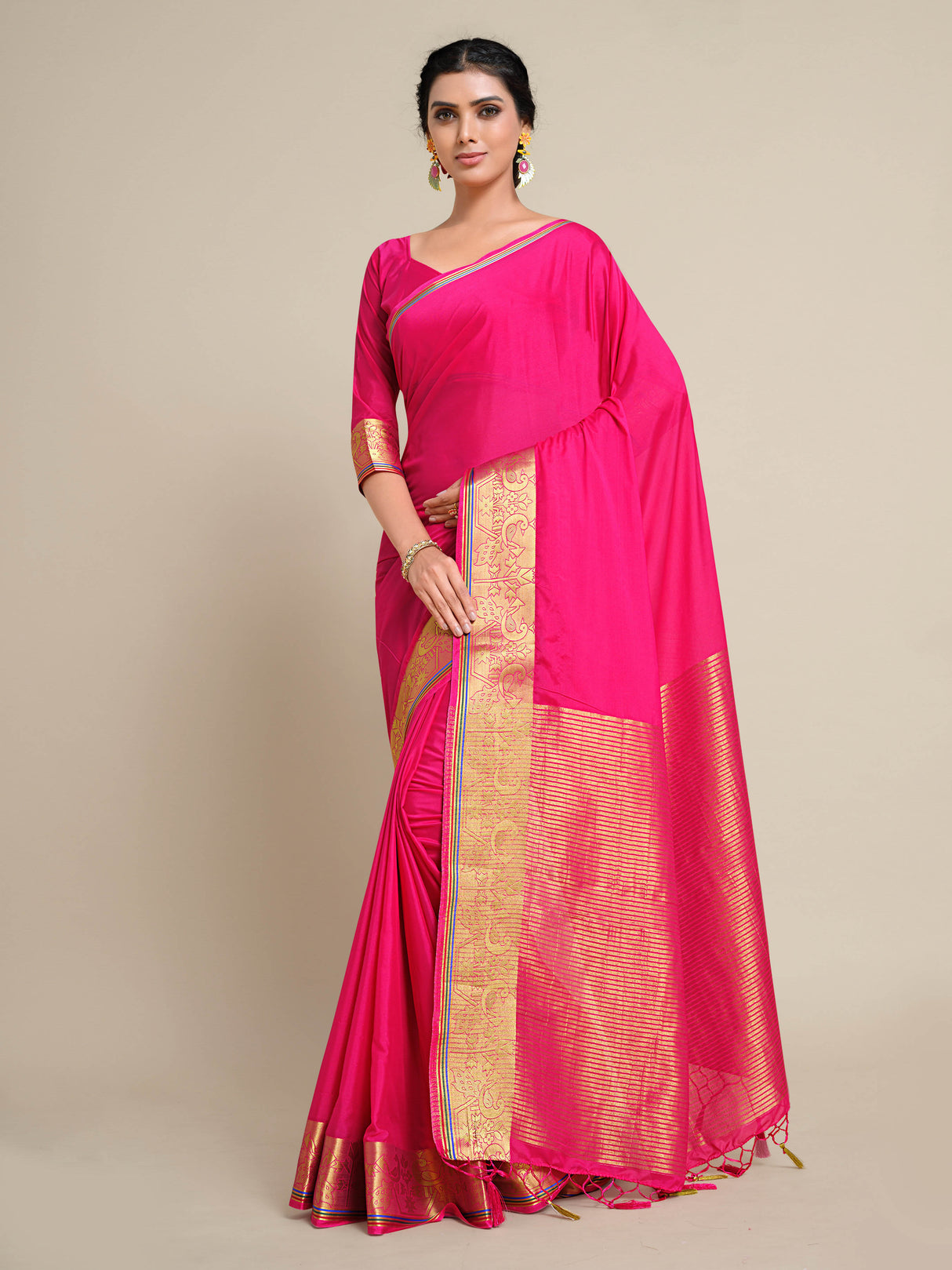 Mimosa Womens Crepe Saree Mysore Silk style Strawberry Color