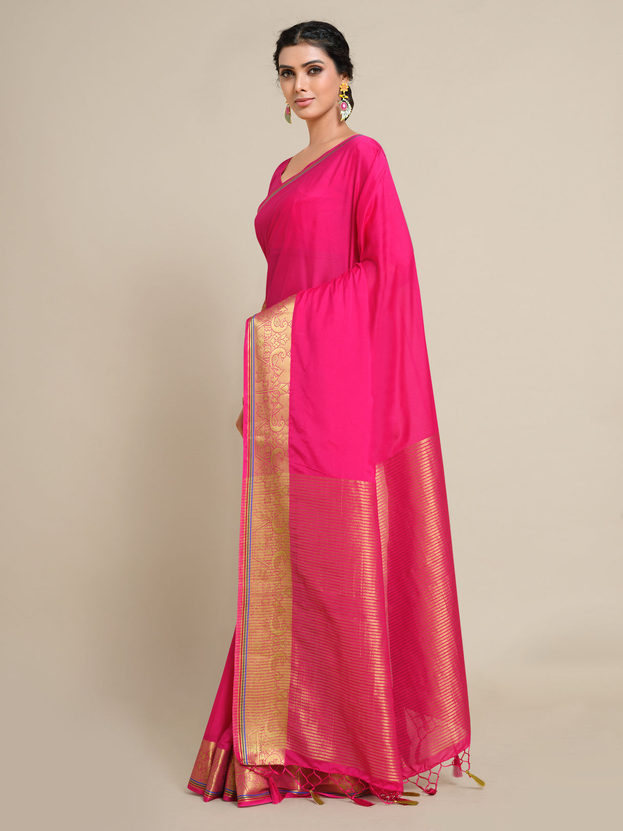 Mimosa Womens Crepe Saree Mysore Silk style Strawberry Color