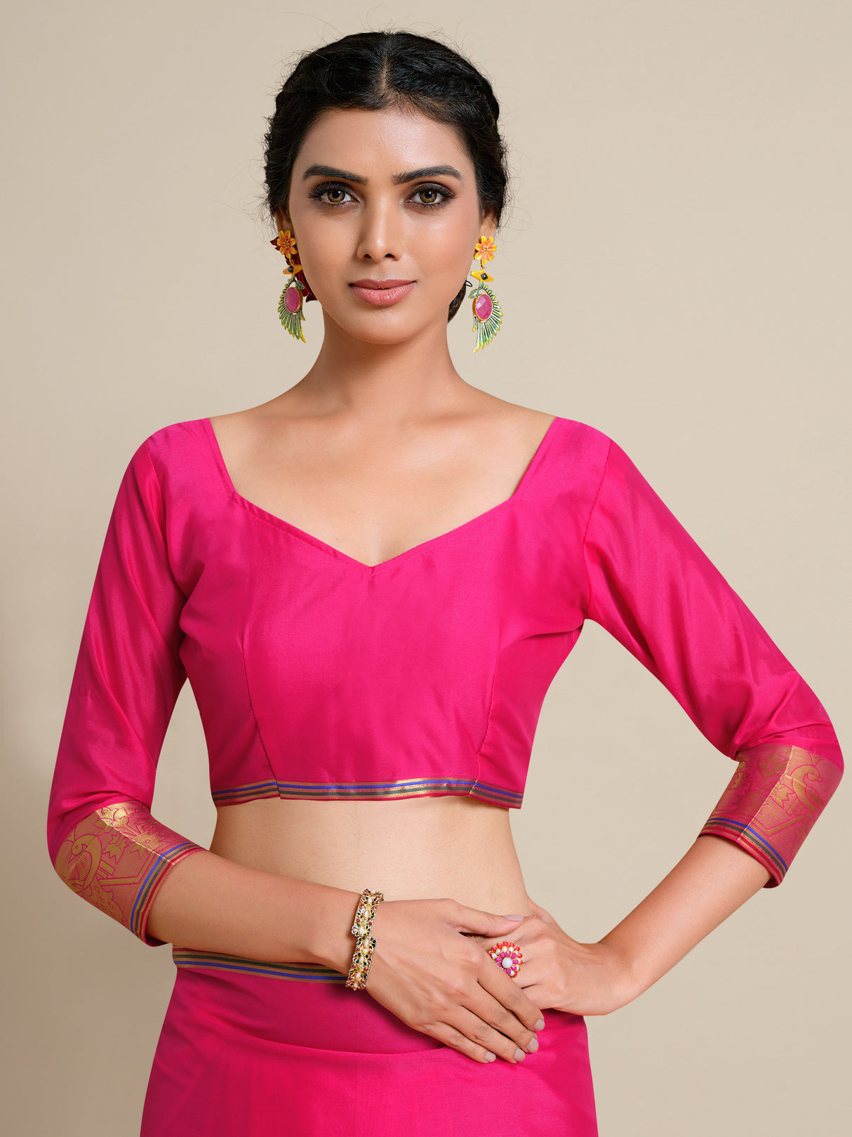 Mimosa Womens Crepe Saree Mysore Silk style Strawberry Color