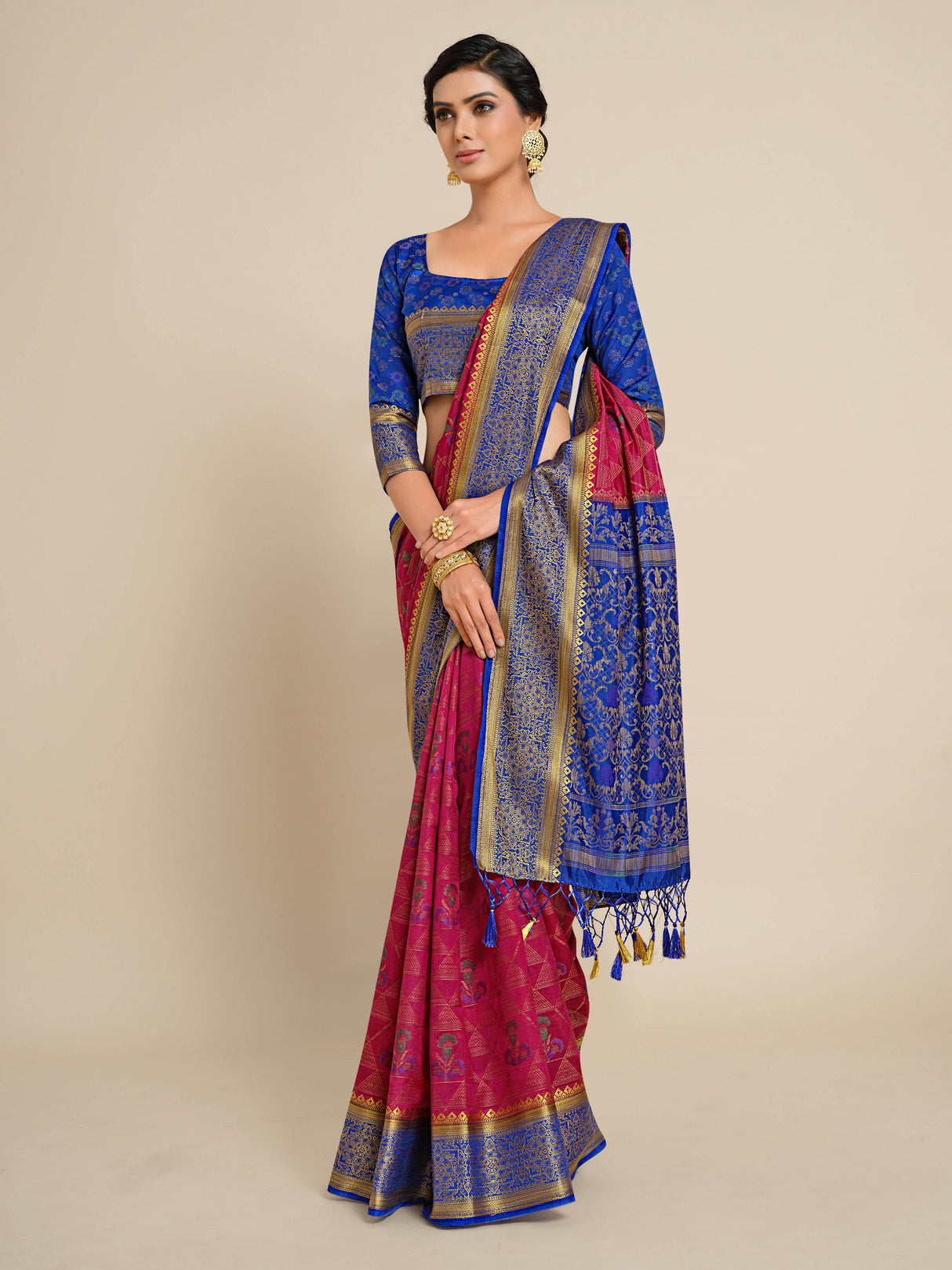 Mimosa Womens Art Silk Saree Kanjivaram style Rani Color