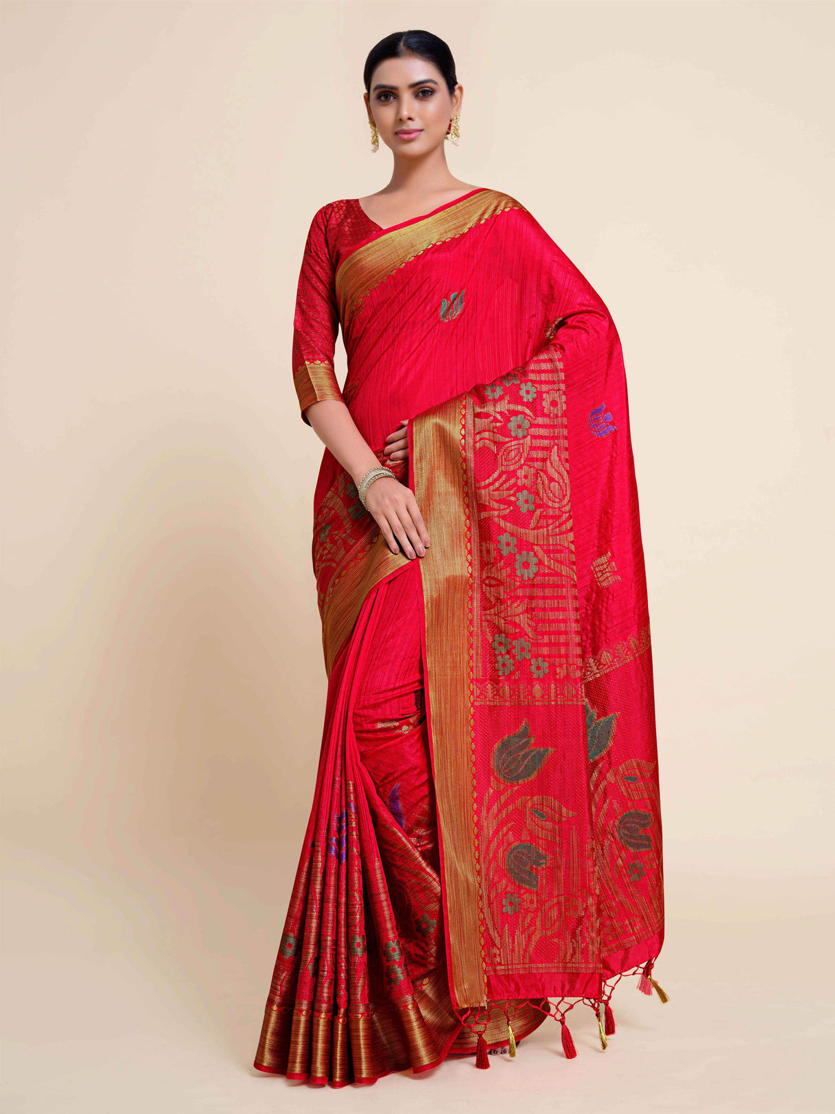 Mimosa Womens Art Silk Saree Kanjivaram style Strawberry Color