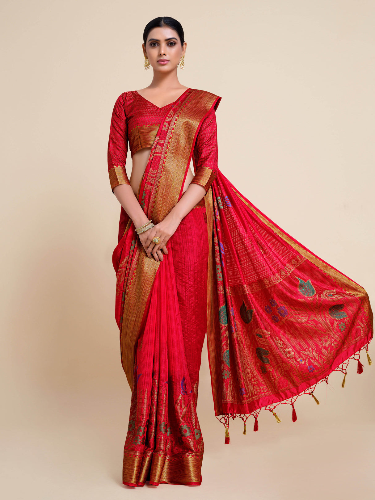 Mimosa Womens Art Silk Saree Kanjivaram style Strawberry Color