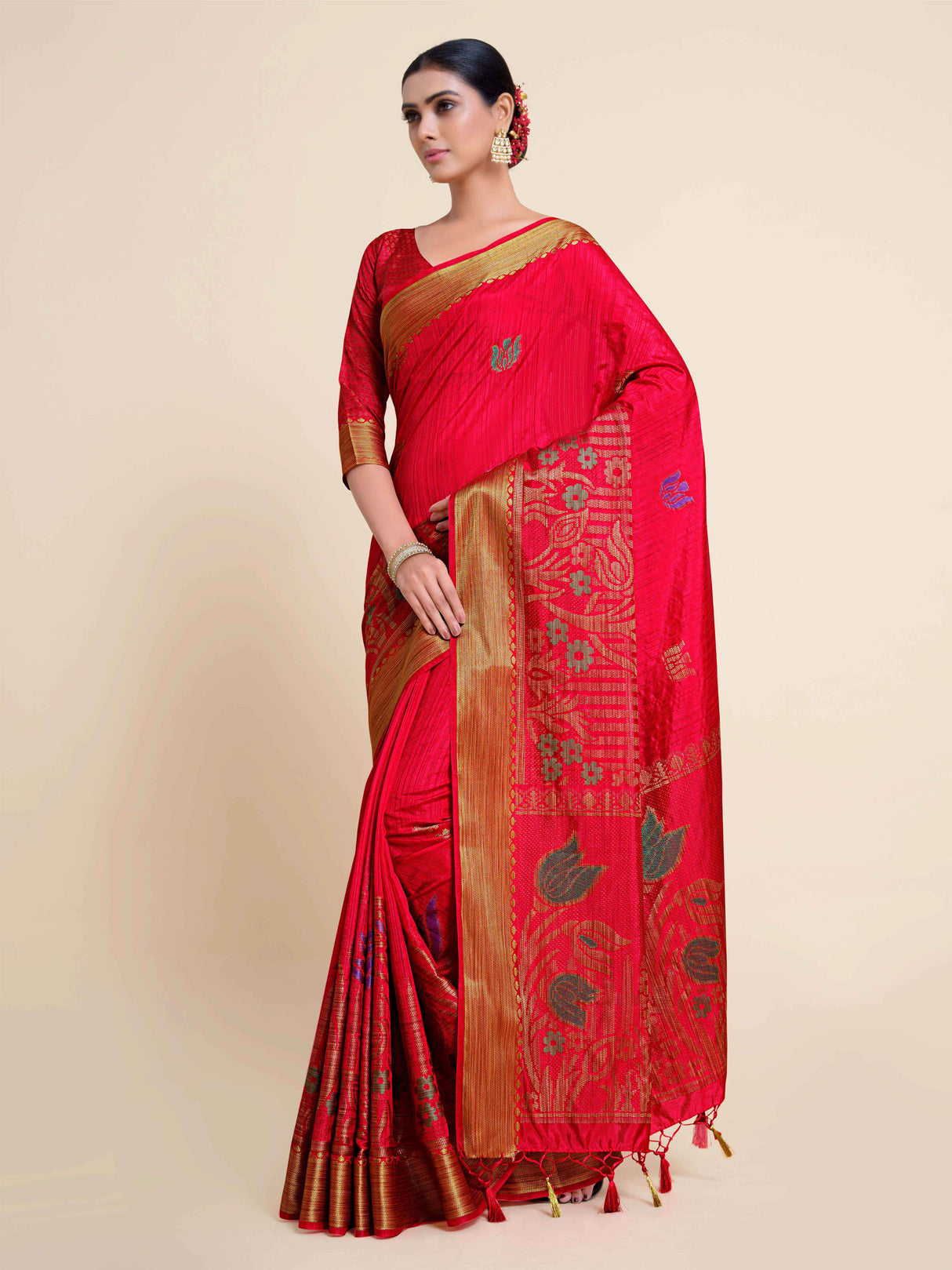 Mimosa Womens Art Silk Saree Kanjivaram style Strawberry Color