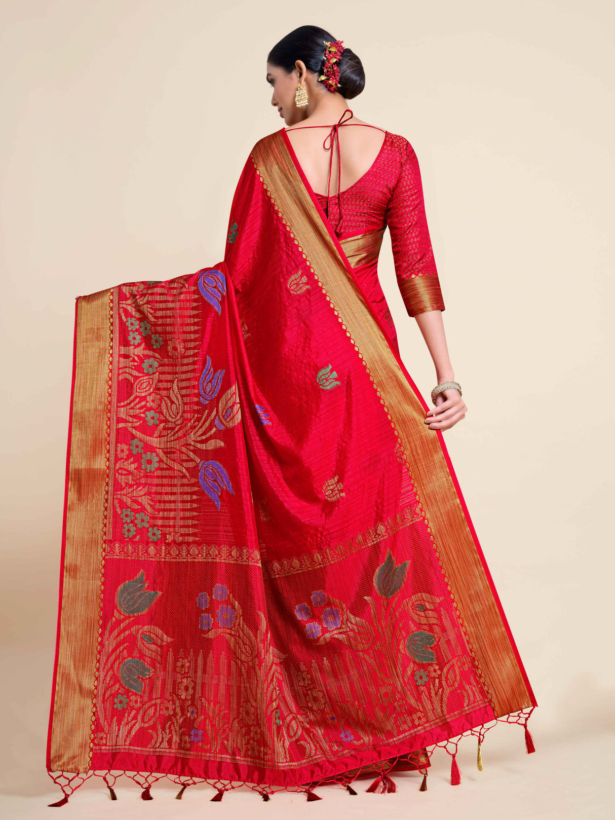 Mimosa Womens Art Silk Saree Kanjivaram style Strawberry Color