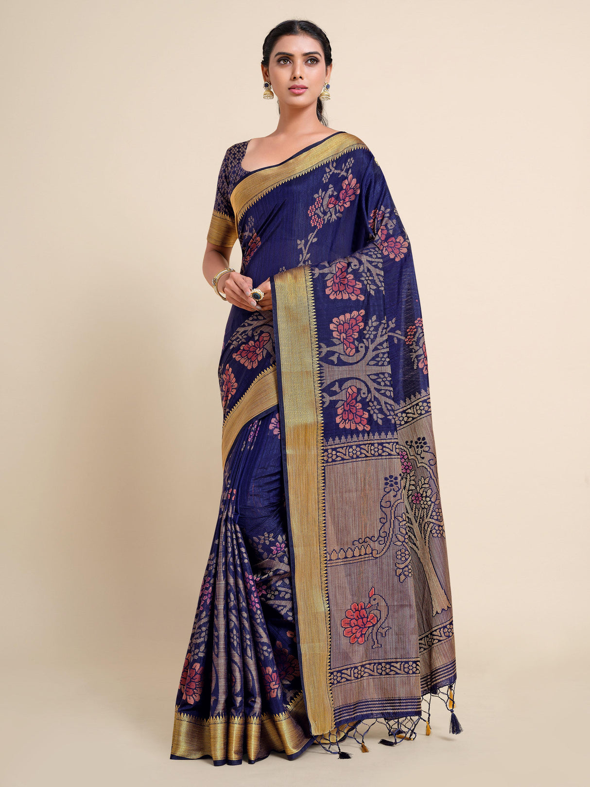 Mimosa Womens Art Silk Saree Kanjivaram style Navy Blue Color