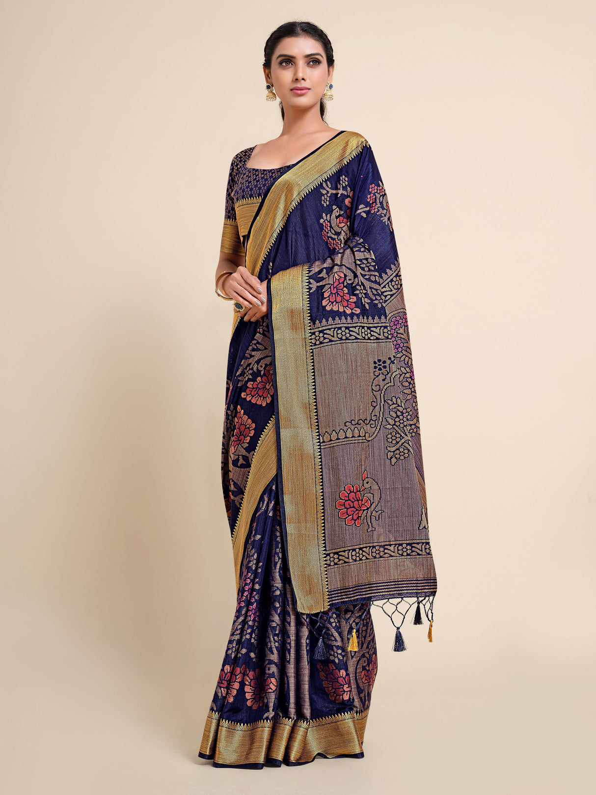 Mimosa Womens Art Silk Saree Kanjivaram style Navy Blue Color