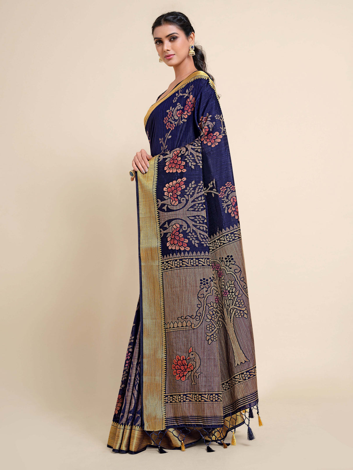 Mimosa Womens Art Silk Saree Kanjivaram style Navy Blue Color