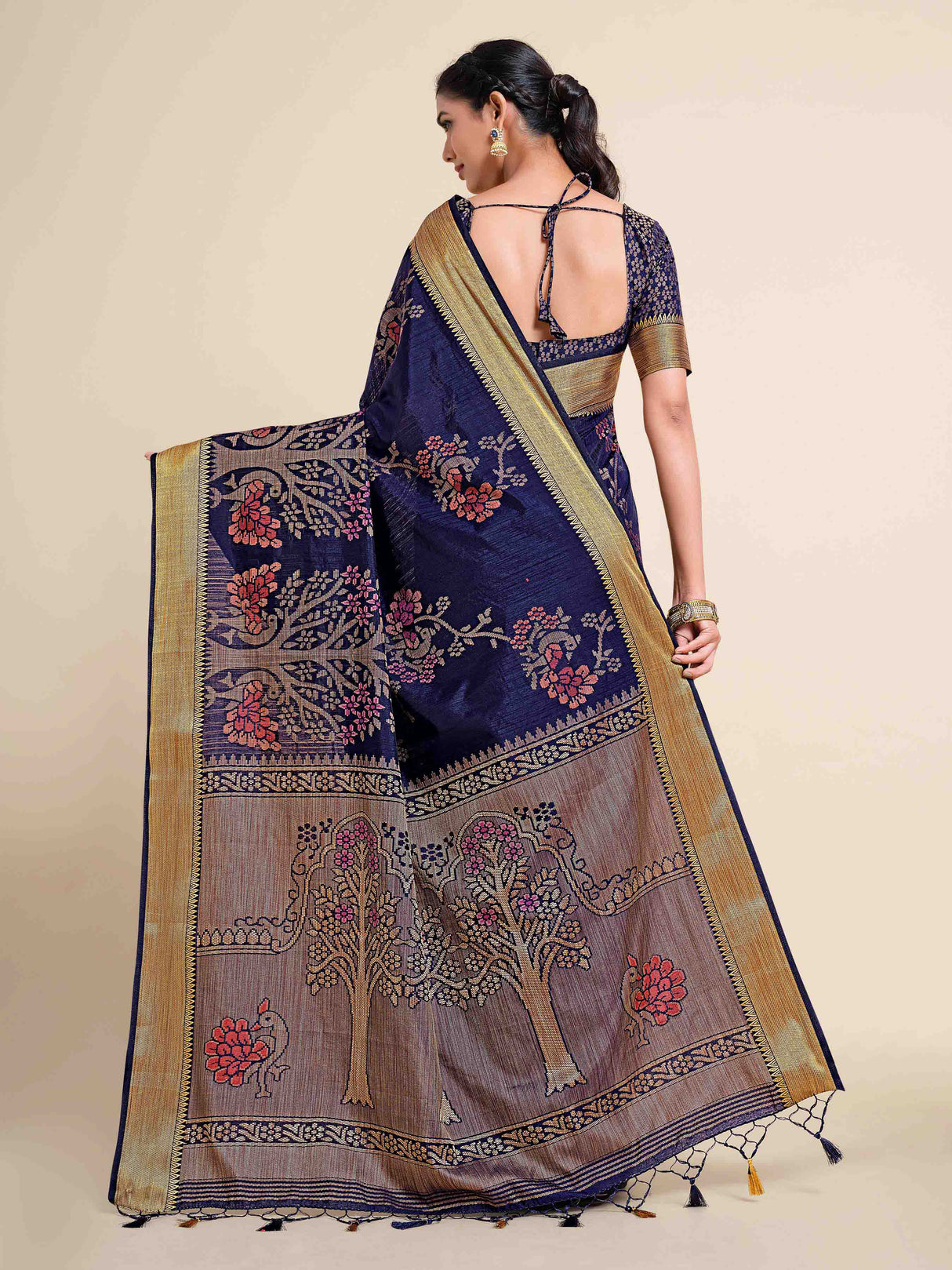 Mimosa Womens Art Silk Saree Kanjivaram style Navy Blue Color