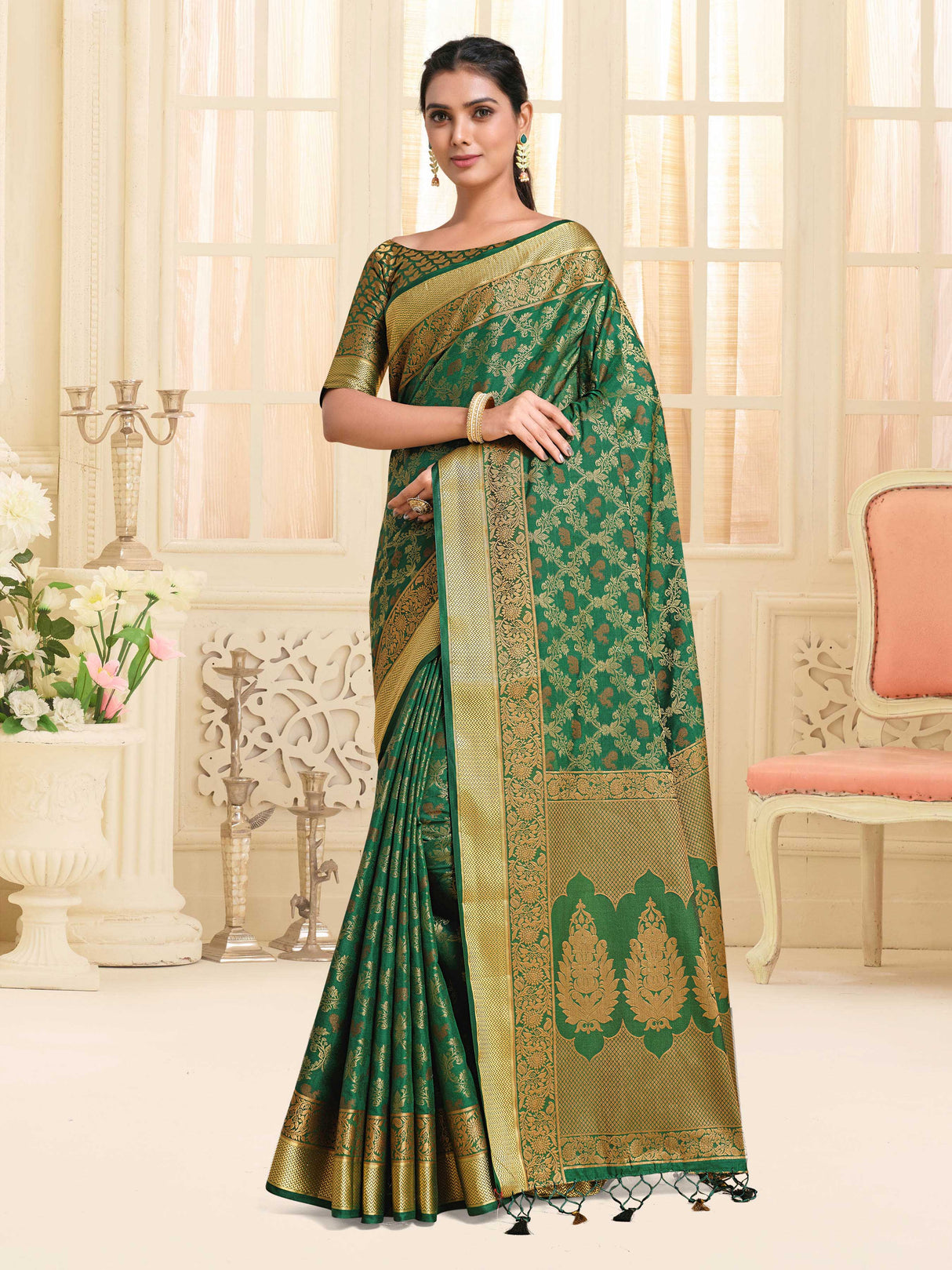 Mimosa Womens Art Silk Saree Kanjivaram BGreen Color