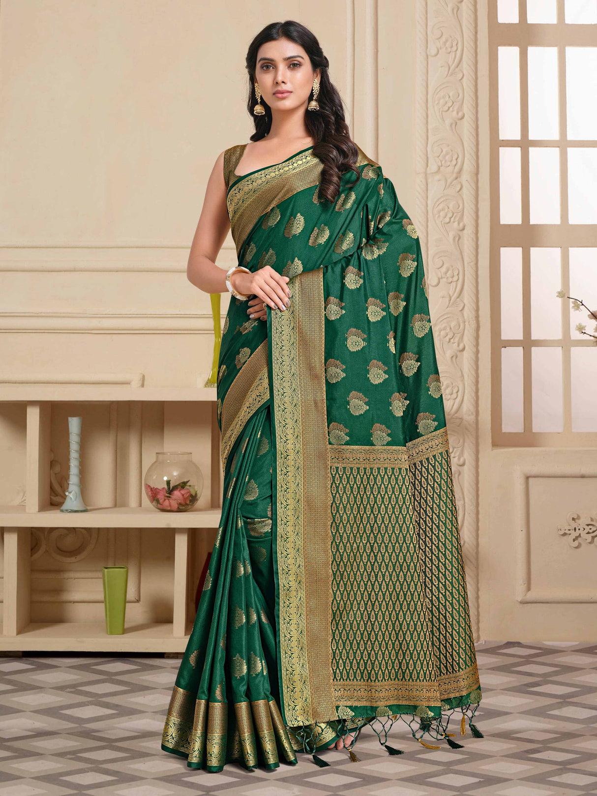 Mimosa Womens Art Silk Saree Kanjivaram BGreen Color