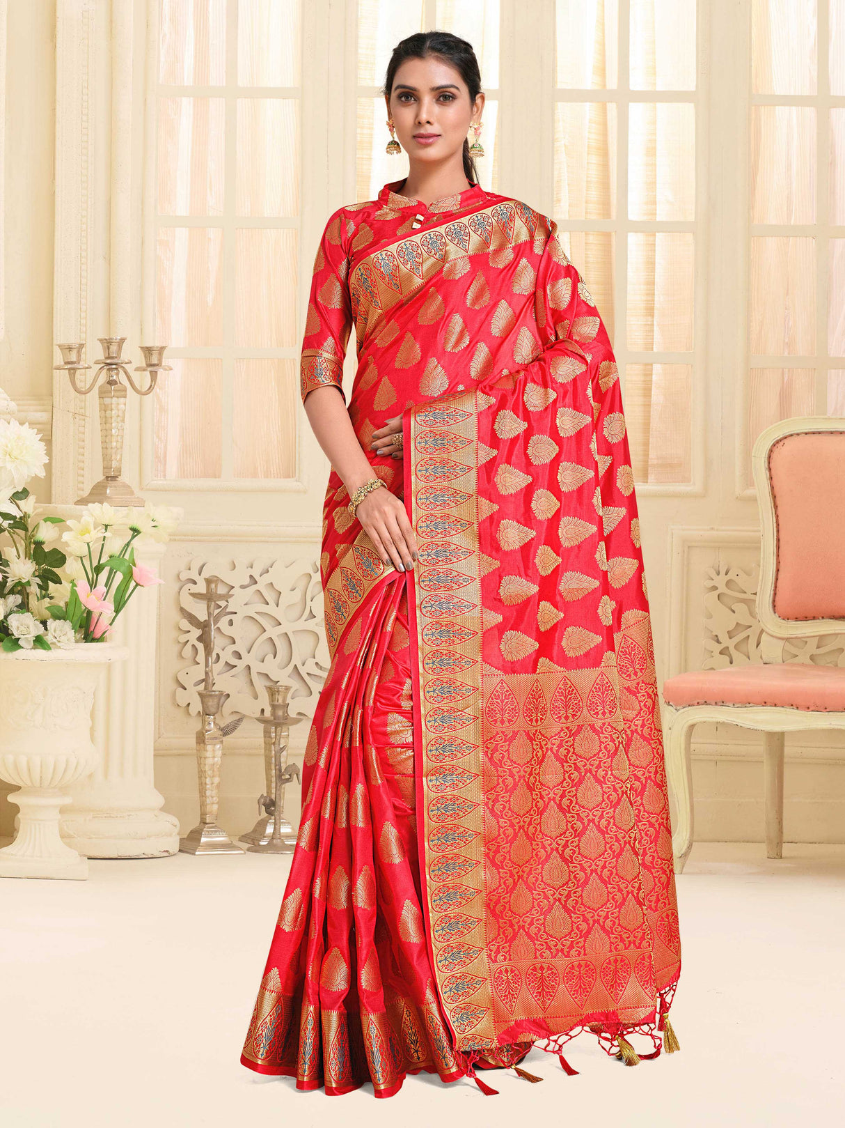 Mimosa Womens Art Silk Saree Kanjivaram Strawberry Color