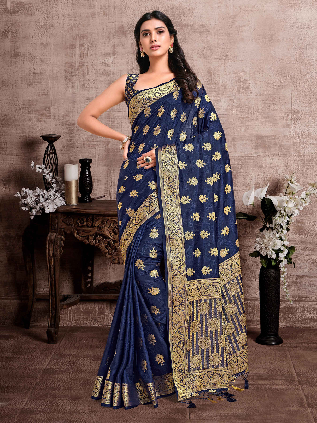 Mimosa Womens Art Silk Saree Kanjivaram Navy Blue Color
