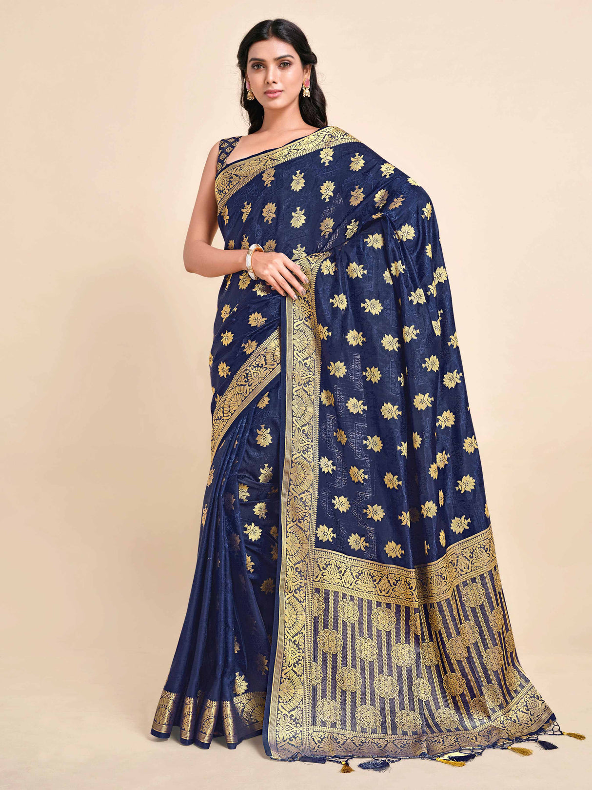 Mimosa Womens Art Silk Saree Kanjivaram Navy Blue Color