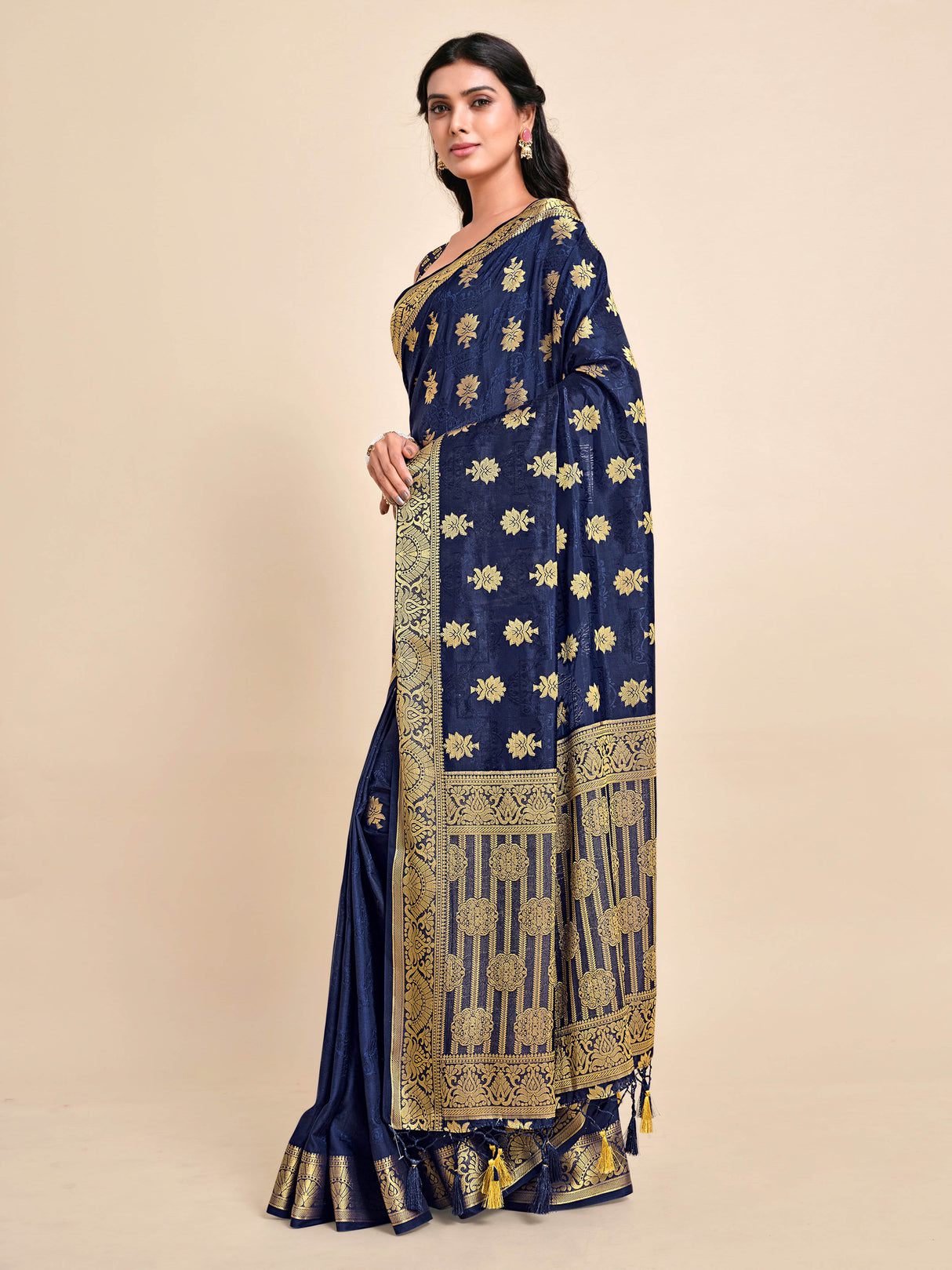 Mimosa Womens Art Silk Saree Kanjivaram Navy Blue Color