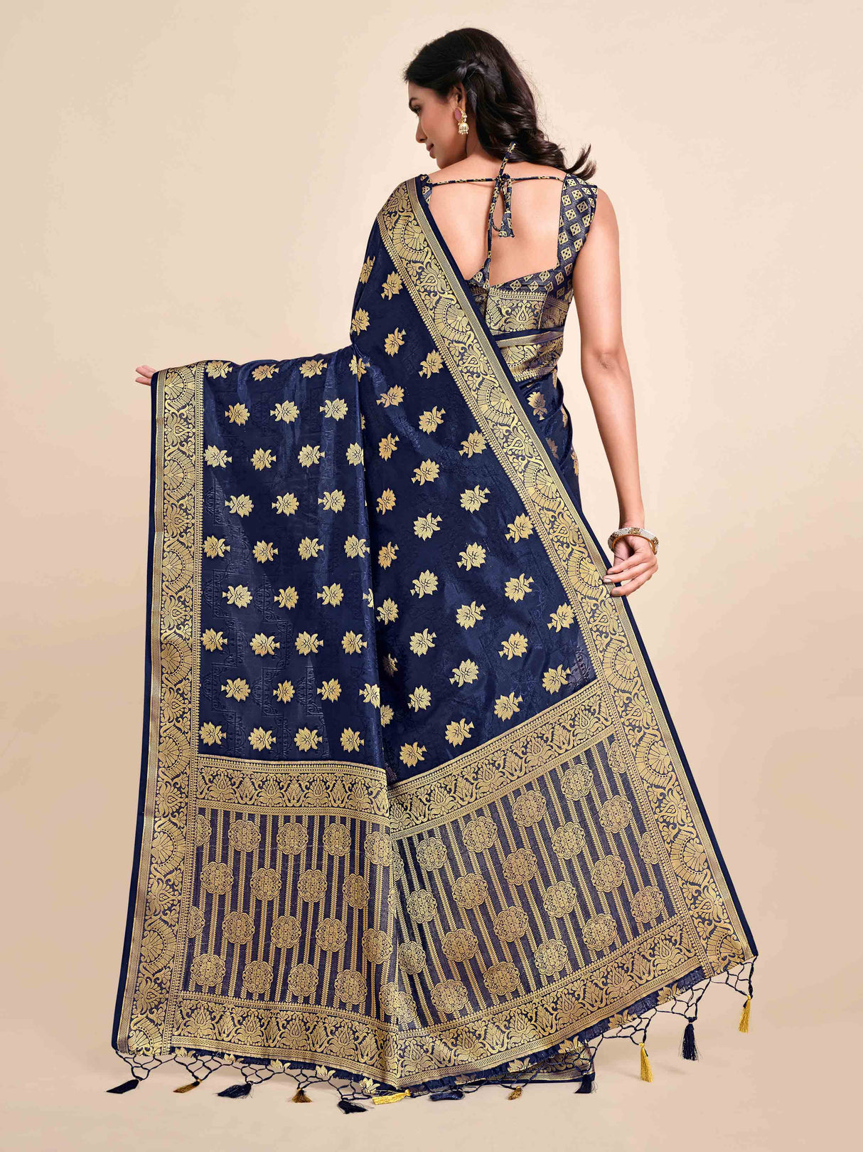 Mimosa Womens Art Silk Saree Kanjivaram Navy Blue Color