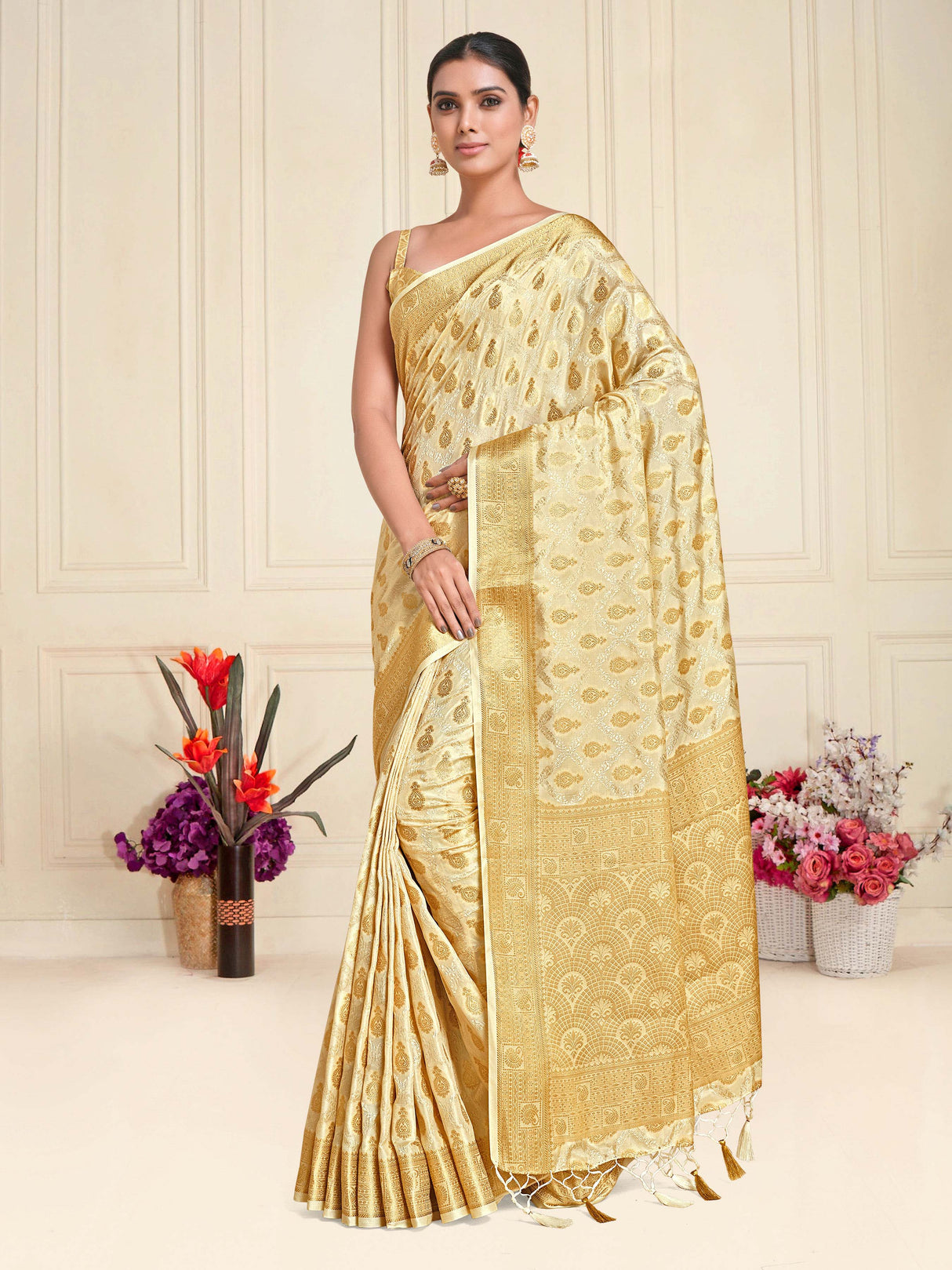 Mimosa Womens Art Silk Saree Kanjivaram Halfwhite Color