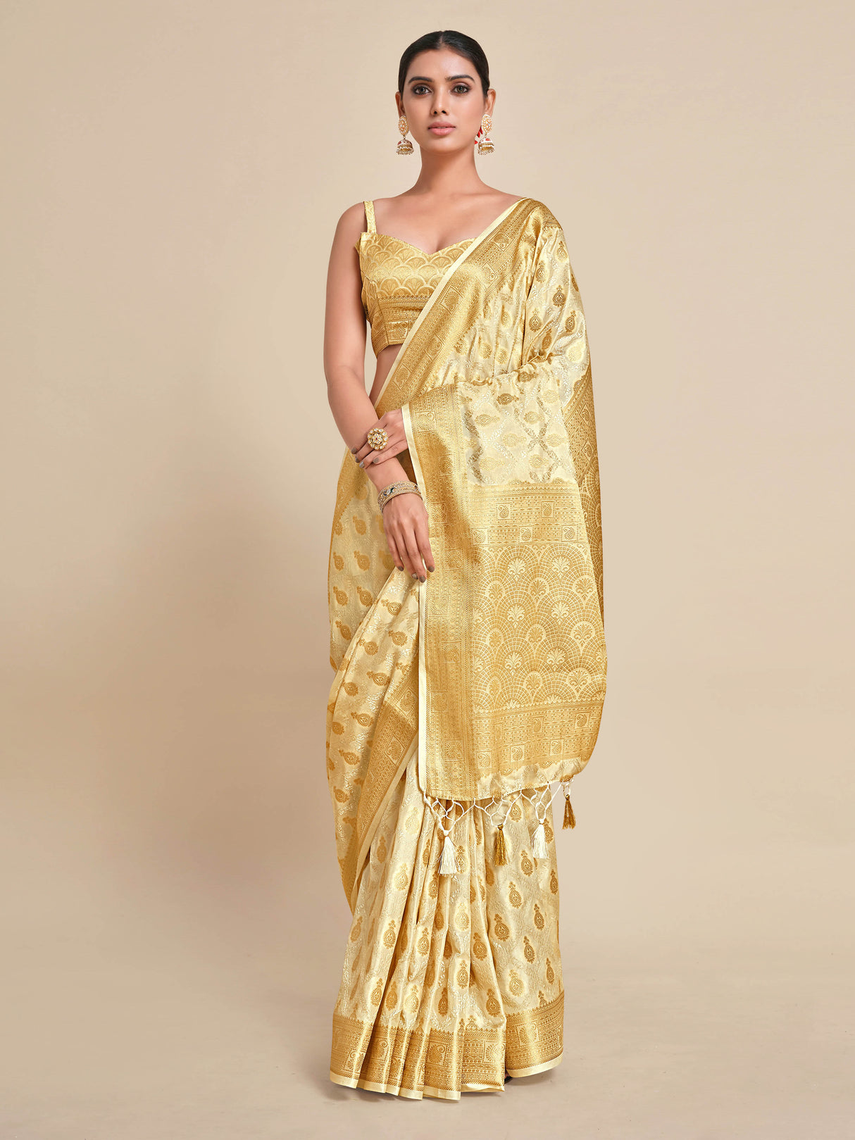 Mimosa Womens Art Silk Saree Kanjivaram Halfwhite Color