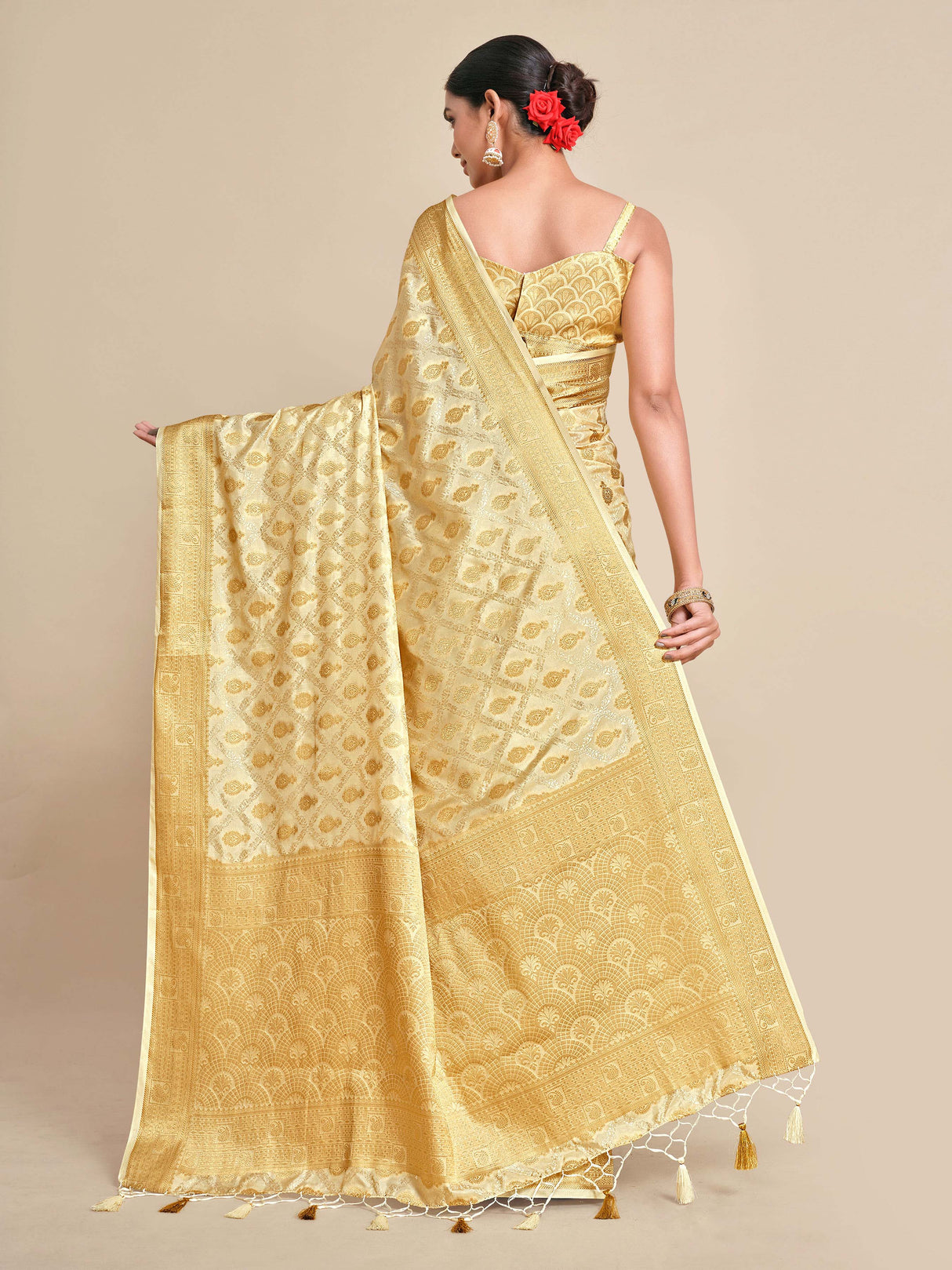 Mimosa Womens Art Silk Saree Kanjivaram Halfwhite Color