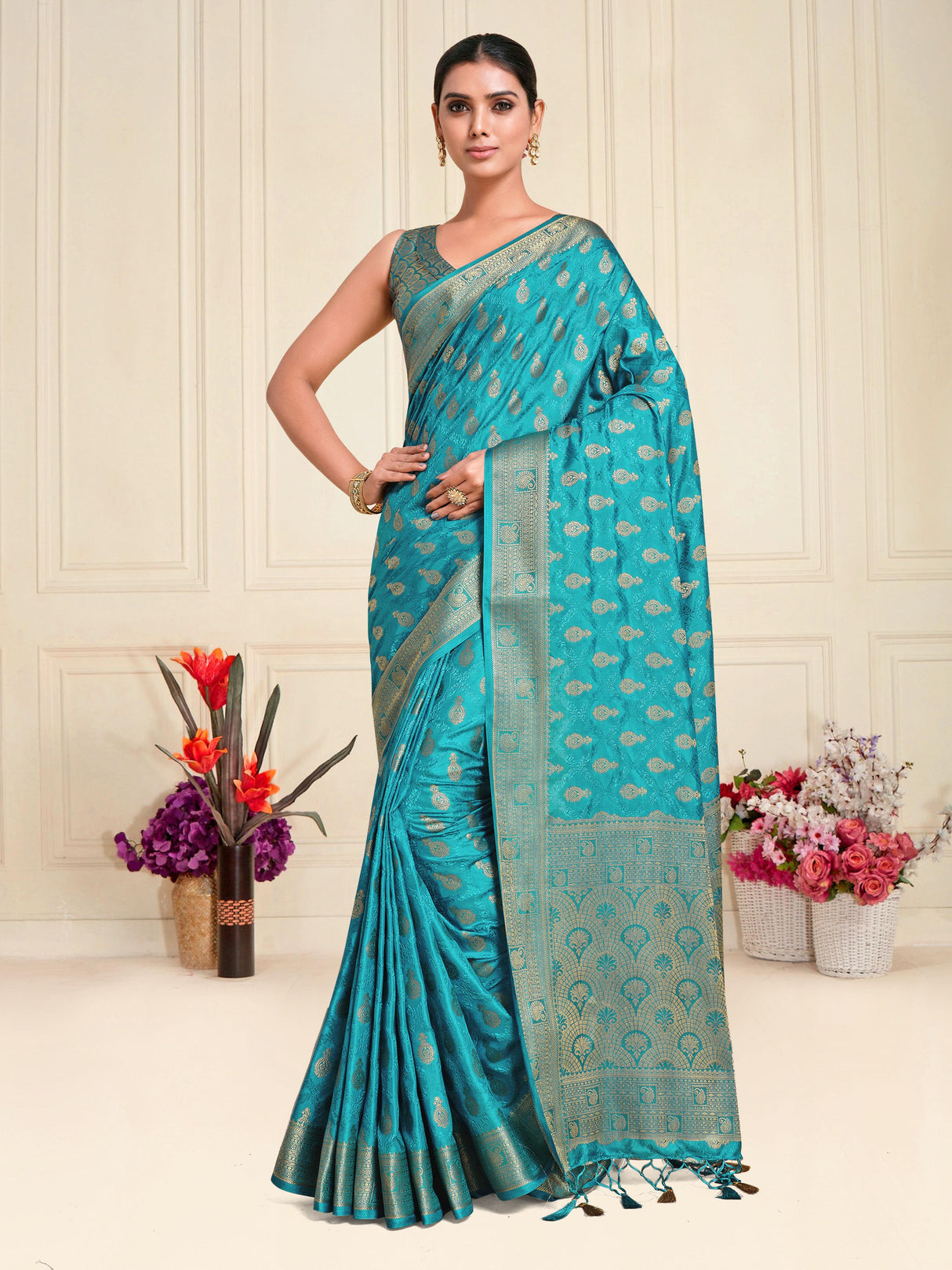 Mimosa Womens Art Silk Saree Kanjivaram Saffire Color