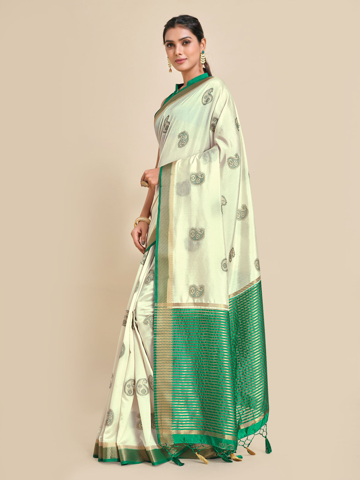 Mimosa Womens Art Silk Saree Kanjivaram style Halfwhite Color