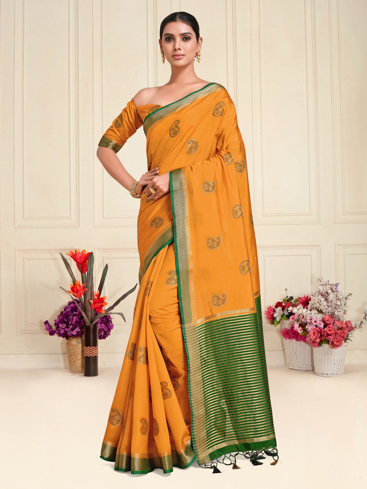 Mimosa Womens Art Silk Saree Kanjivaram style Mustard Color