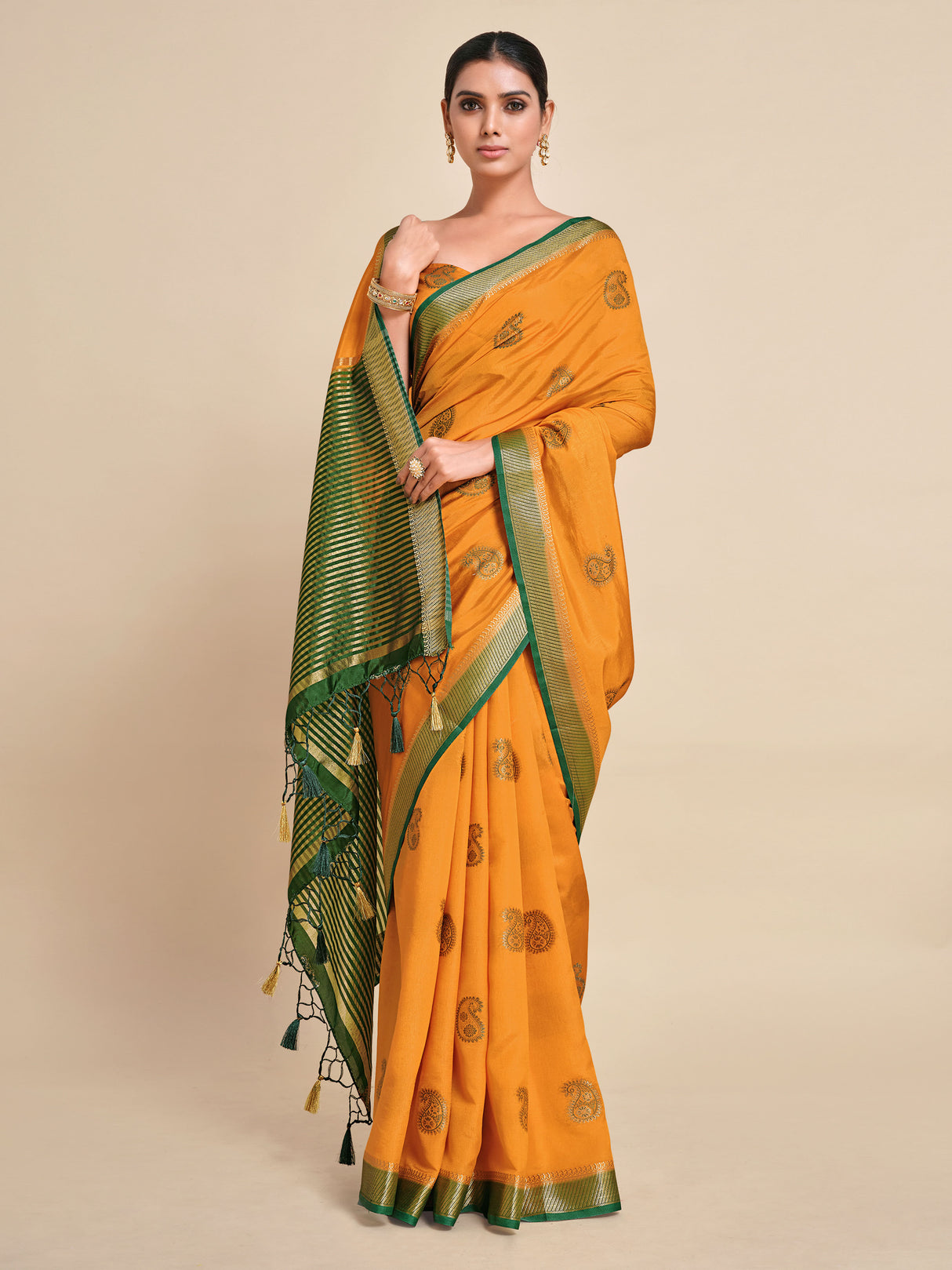 Mimosa Womens Art Silk Saree Kanjivaram style Mustard Color