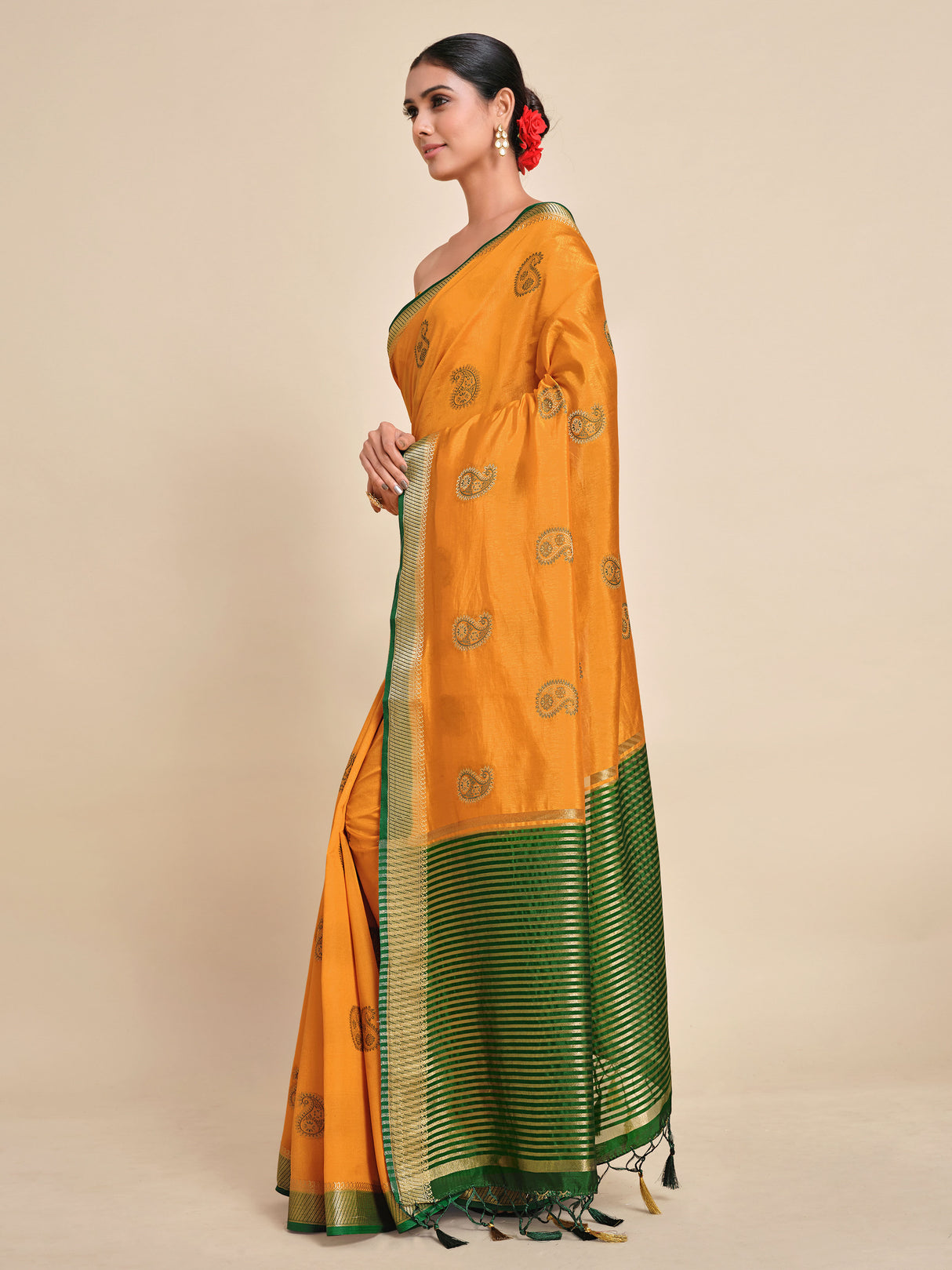 Mimosa Womens Art Silk Saree Kanjivaram style Mustard Color