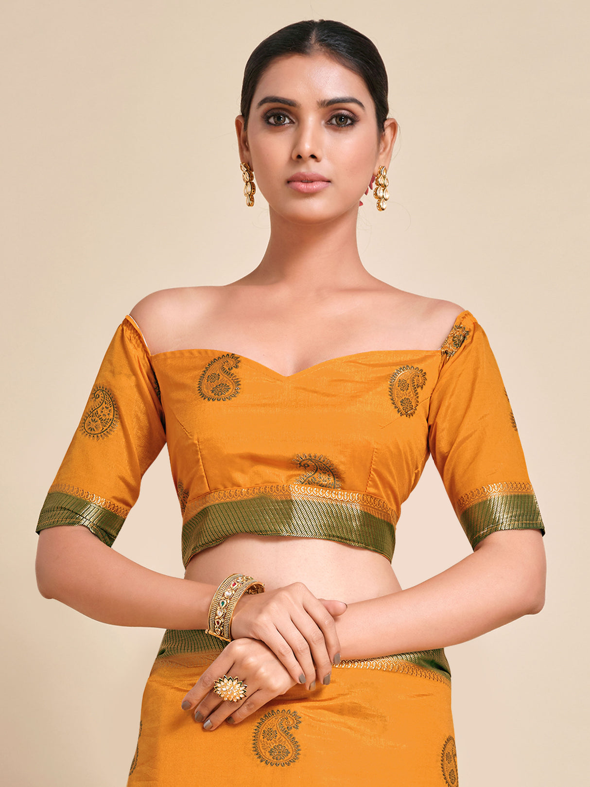 Mimosa Womens Art Silk Saree Kanjivaram style Mustard Color