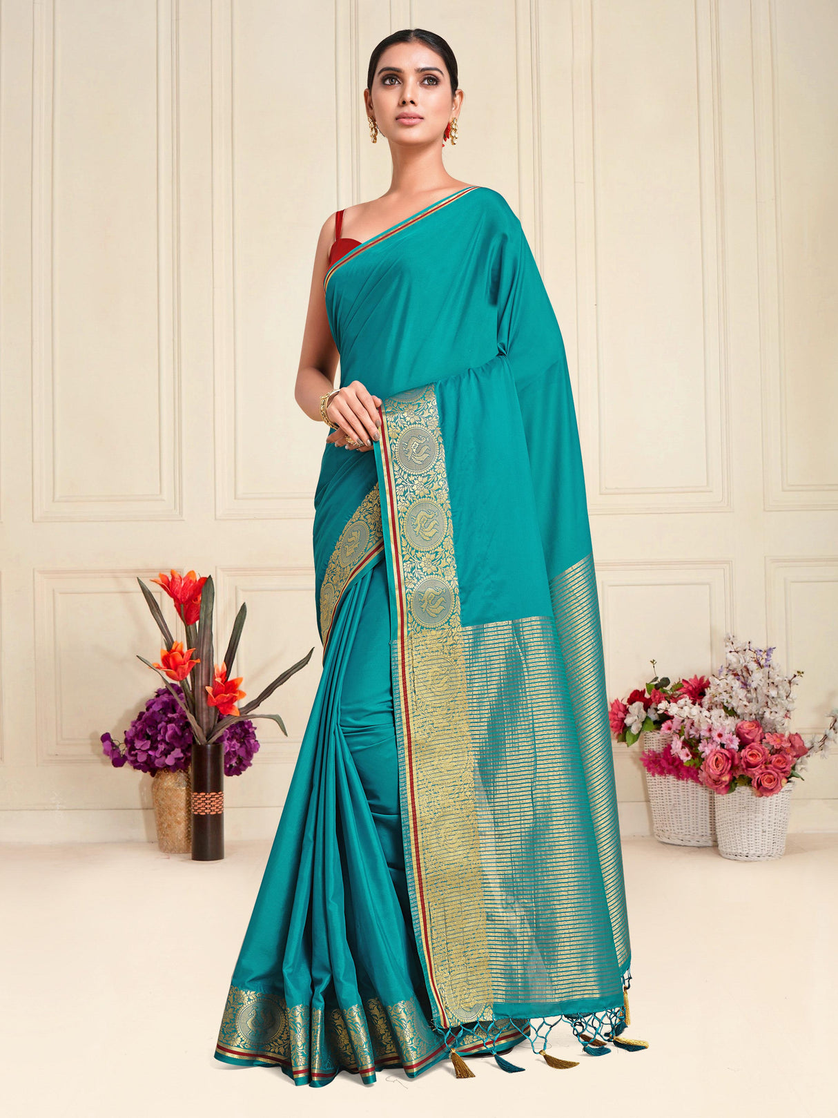 Mimosa Womens Crepe Saree Mysore Silk Saffire Color