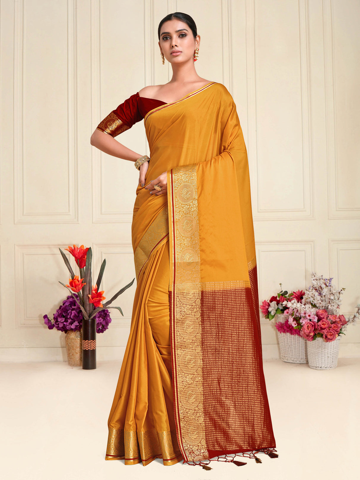 Mimosa Womens Crepe Saree Mysore Silk Mustard Color