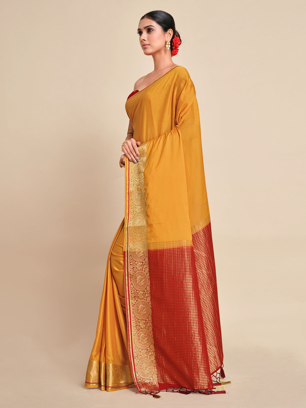 Mimosa Womens Crepe Saree Mysore Silk Mustard Color