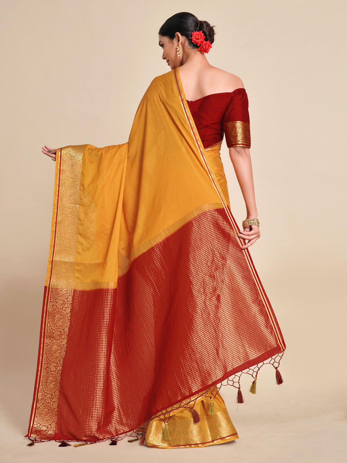 Mimosa Womens Crepe Saree Mysore Silk Mustard Color