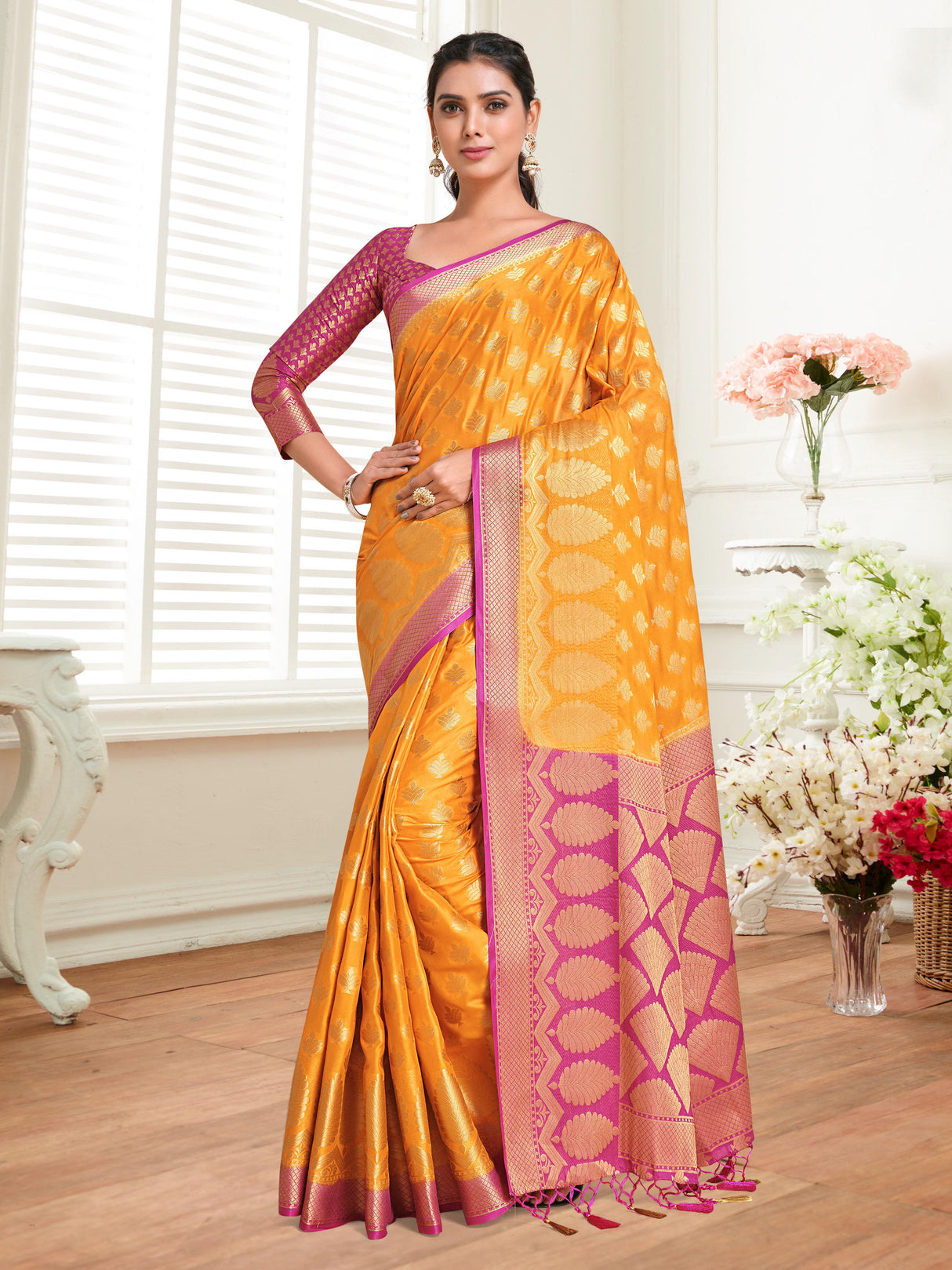 Mimosa Womens Crepe Saree Mysore Silk Gold Color