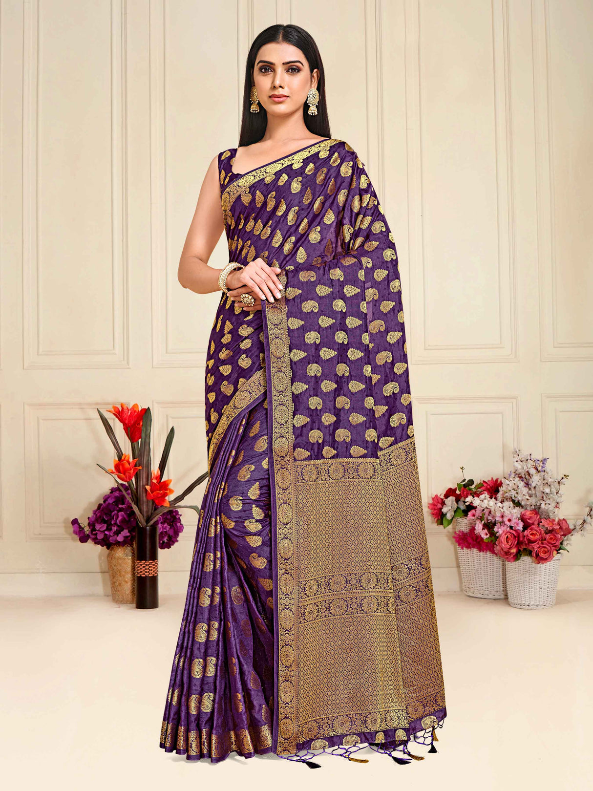 Mimosa Womens Art Silk Saree Kanjivaram Violet Color