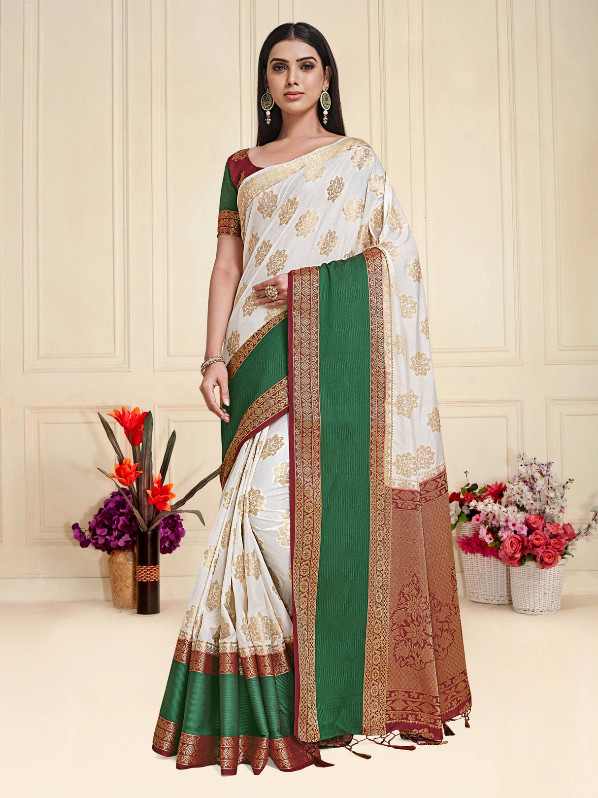 Mimosa Womens Art Silk Saree Kanjivaram Halfwhite Color