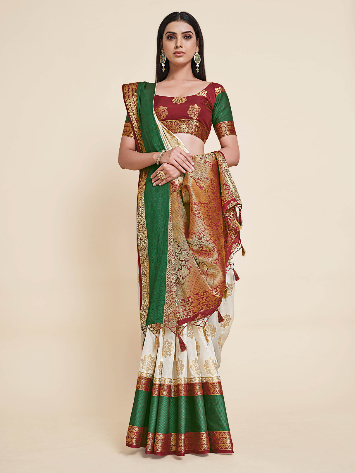 Mimosa Womens Art Silk Saree Kanjivaram Halfwhite Color