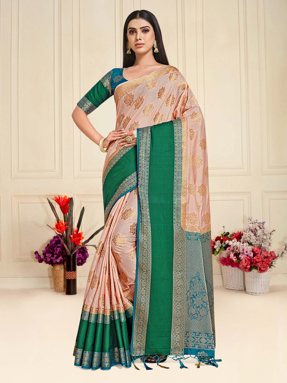 Mimosa Womens Art Silk Saree Kanjivaram Peach Color